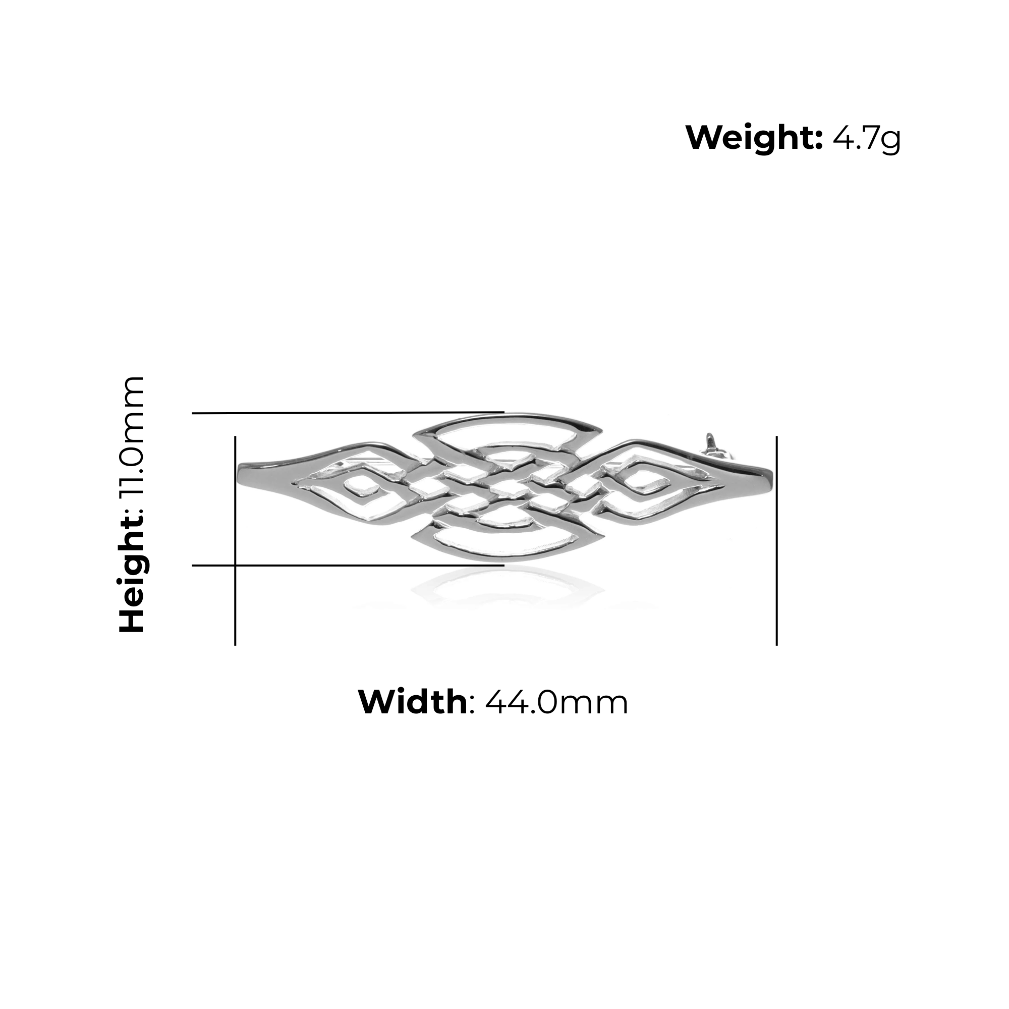 Sterling Silver Celtic Knot Navette Brooch, angular geometric design, product dimensions shown, width 44mm, height 11mm, weight 4.7g