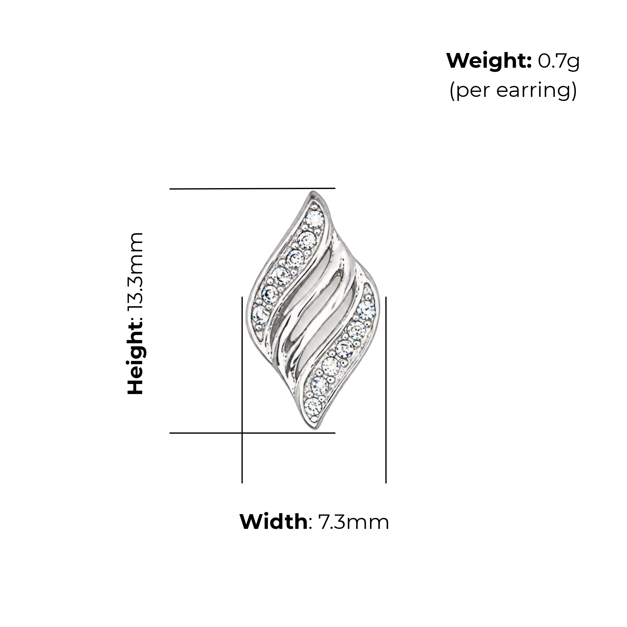 Sterling Silver Swirling Leaf CZ Stud Earrings, product dimensions shown, width 7.3mm, height 13.3mm, weight 0.7g per earring