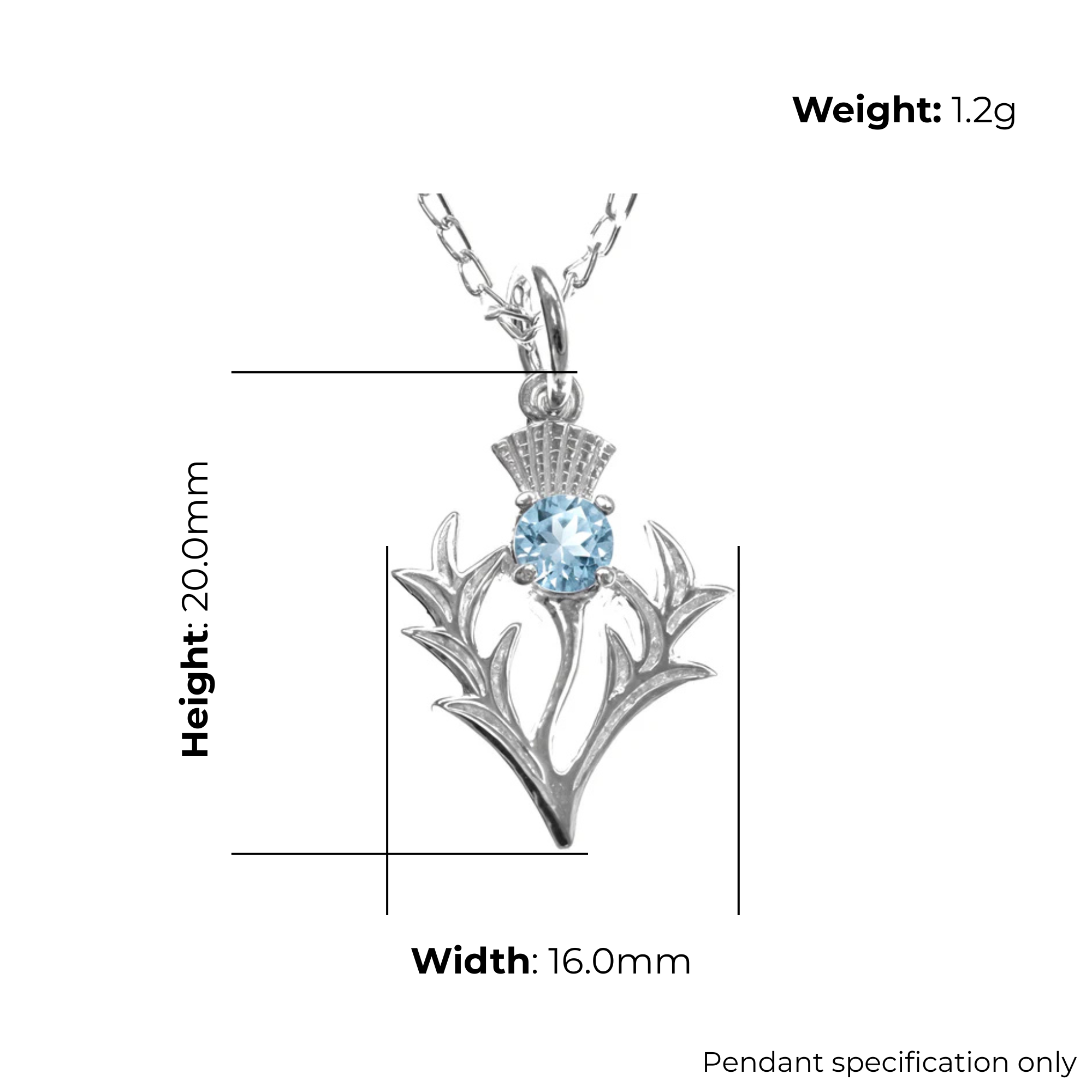 Sterling Silver Flat-Profile Thistle Pendant, Blue CZ, product dimensions shown, width 16mm, height 20mm, weight 1.2g, pendant specification only