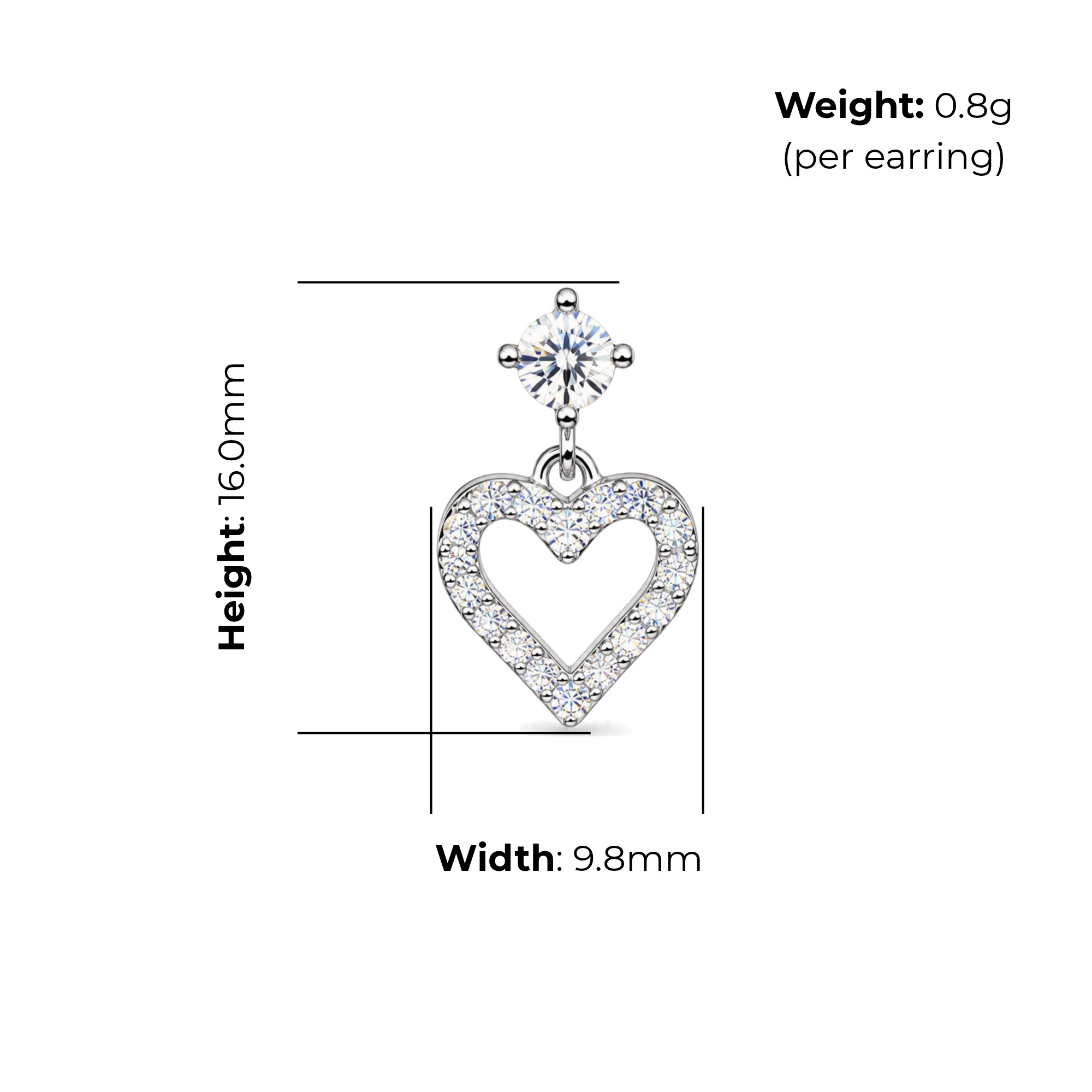 Sterling Silver Open Heart Stud Earrings, CZ Stud with Pave-Set Heart Drop, product dimensions shown, width 9.8mm, height 16.0mm, weight 0.8g per earring.