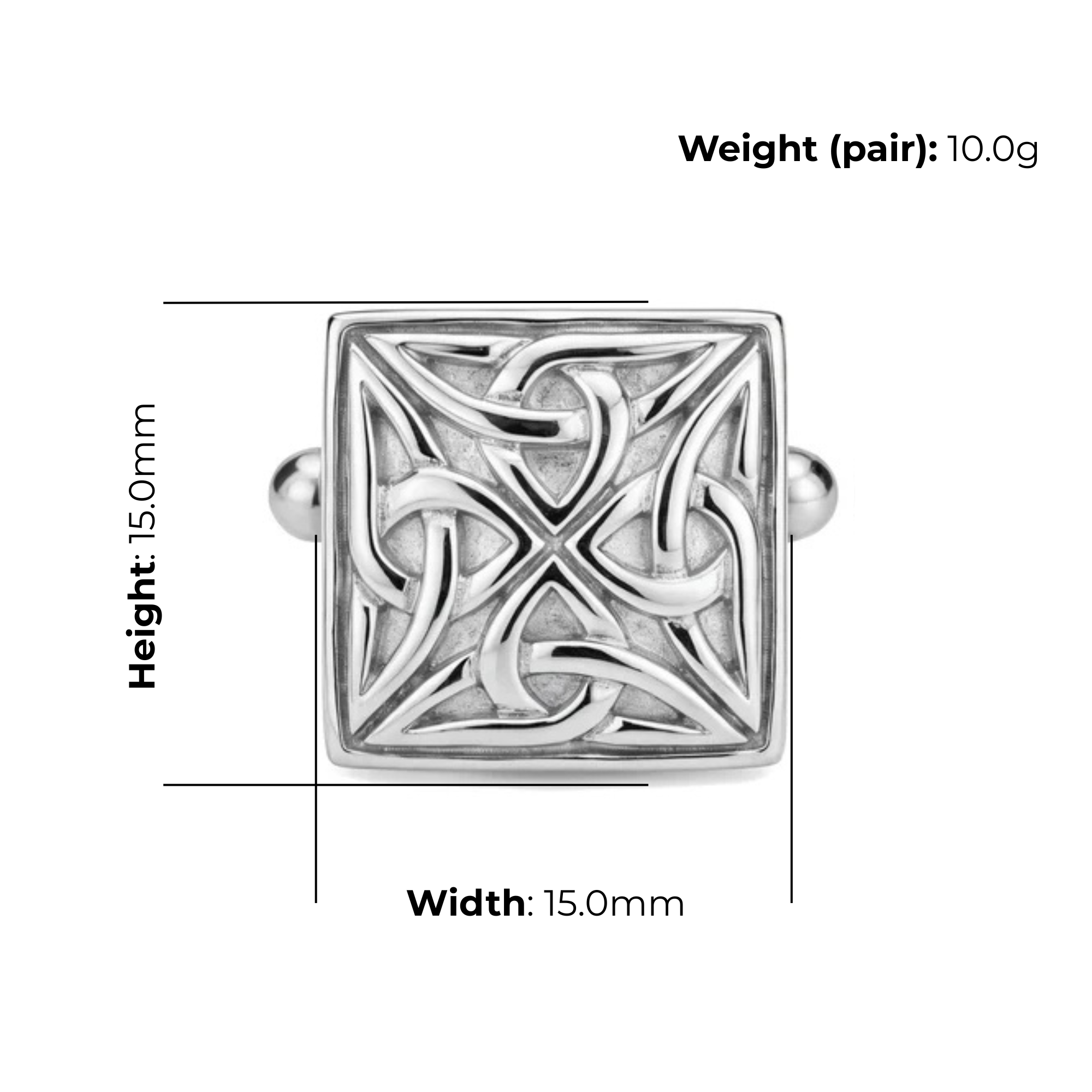 Sterling Silver Celtic Knot Cufflinks, high polish finish, product dimensions shown, width 15mm, height 15mm, weight (pair) 10g