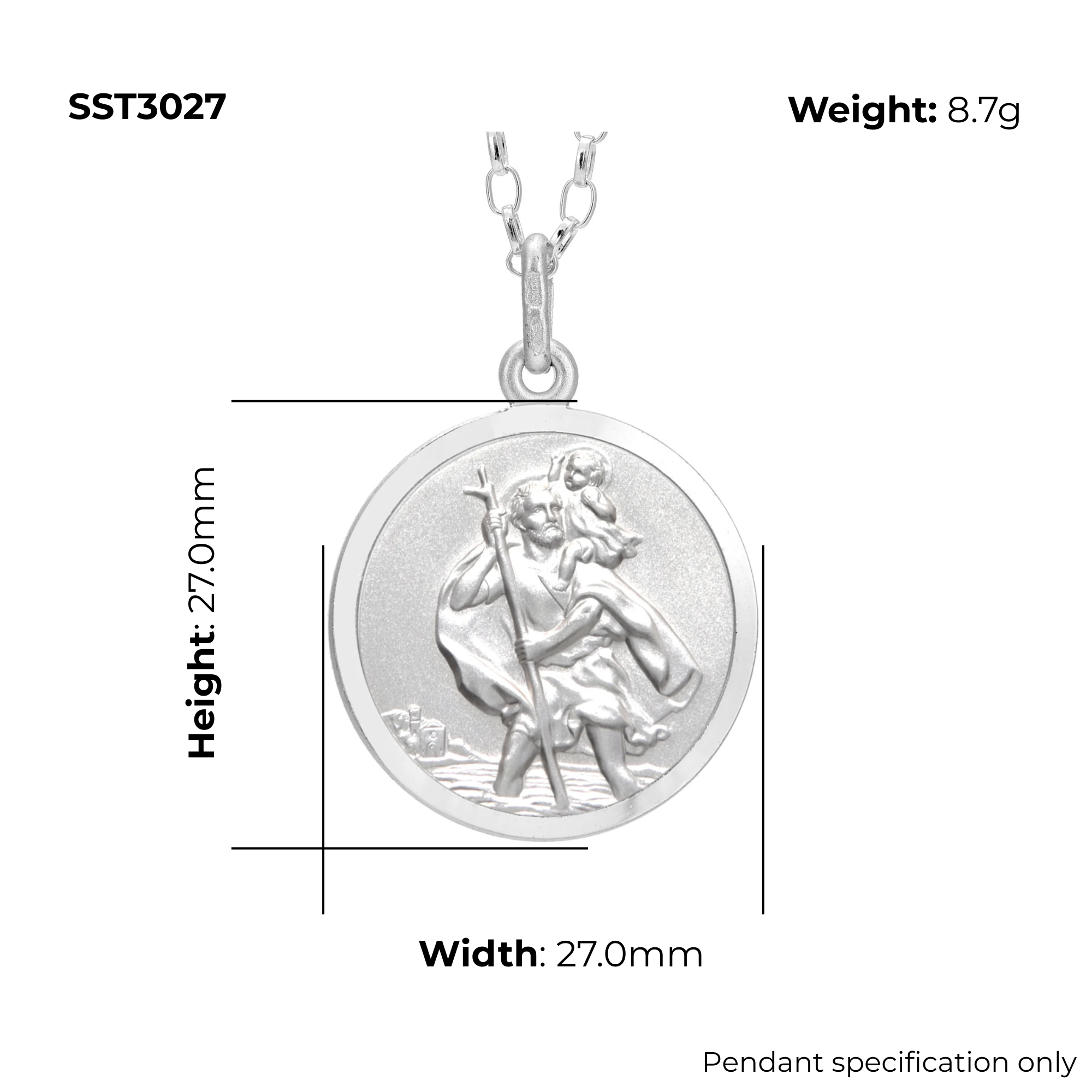 Sterling Silver St Christopher pendant, plain reverse. Embossed figural scene, product SST3027 dimensions shown, width 27mm, height 27mm, weight 8.7g, pendant specification only