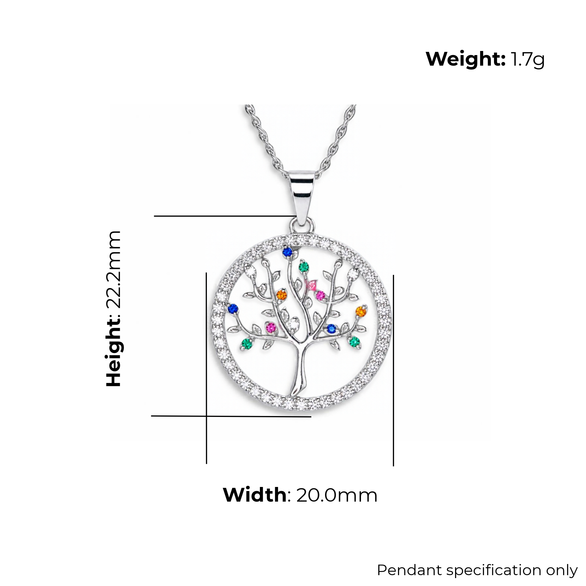 Sterling Silver Tree of Life Pendant, Multi-Colour CZ Detail with Border, product dimensions shown, width 20.0mm, height 22.2mm, weight 1.7g, pendant specification only.