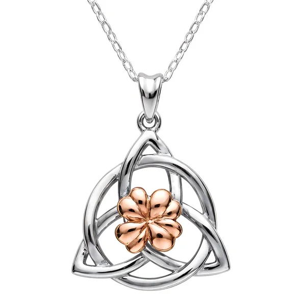 Sterling Silver & Rose Gold Celtic Trinity Knot Pendant, rose gold clover centre