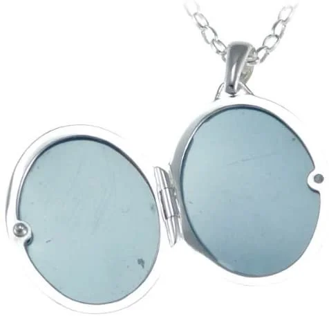 Sterling Silver oval photo locket, smaller version. Plain high mirror polish, two photo capacity, shown open showing internal photo clasp