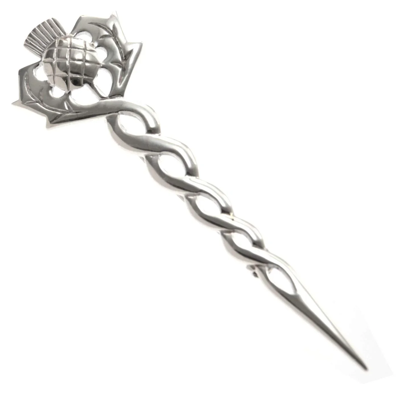 Sterling Silver Scottish Thistle Kilt Pin with Celtic knotwork stem, 75mm