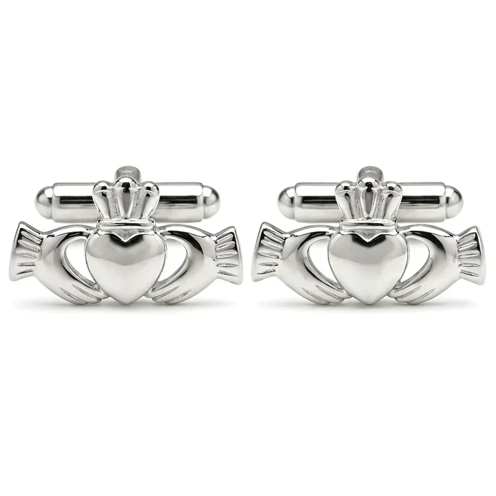 Sterling Silver Claddagh cufflinks. Sculptural hands, ribbed cuffs, crowned heart, high mirror polish, bullet back. 26mm