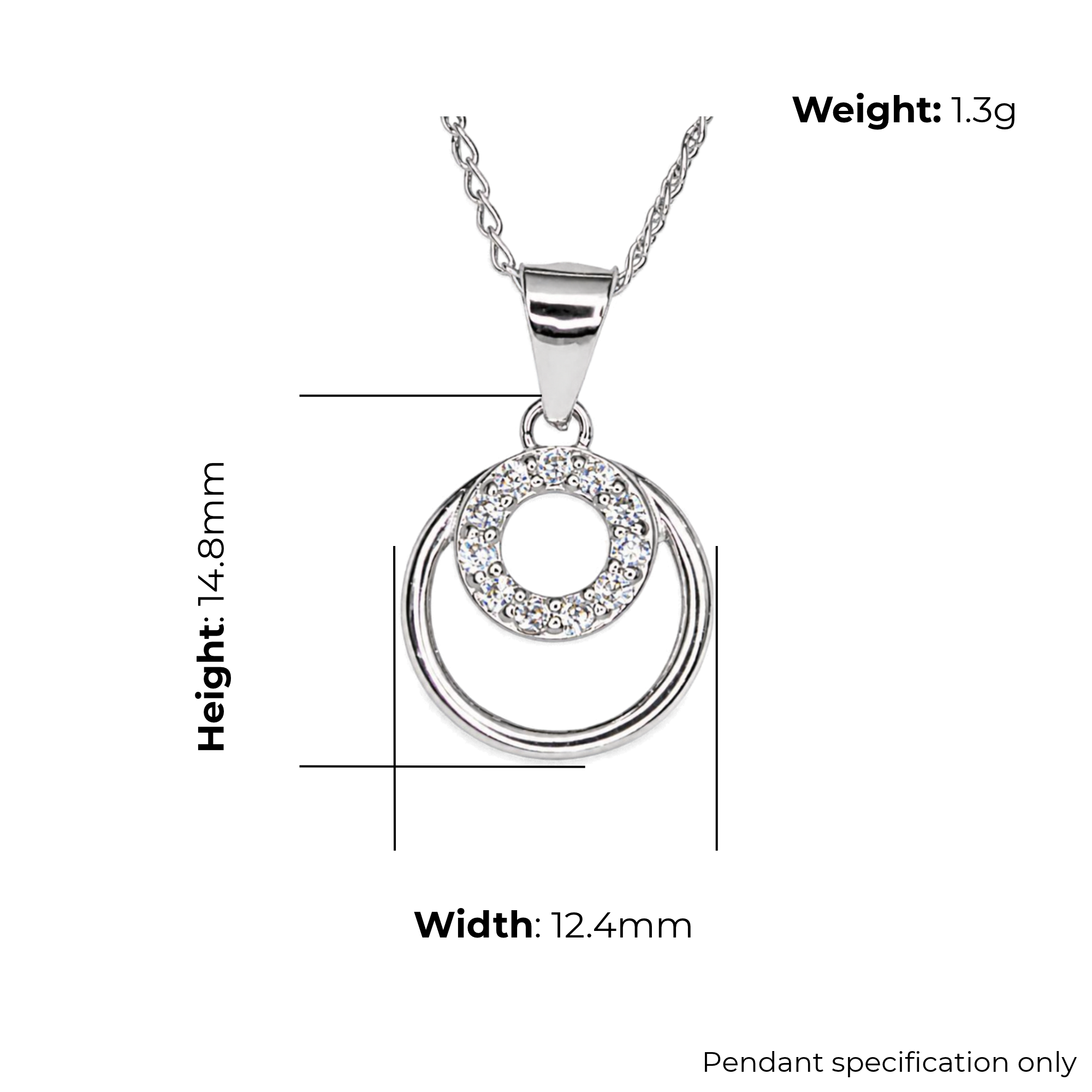 Sterling Silver Interlocking Circles Pendant, Pave-Set CZ, product dimensions shown, width 12.4mm, height 14.8mm, weight 1.3g, pendant specification only.