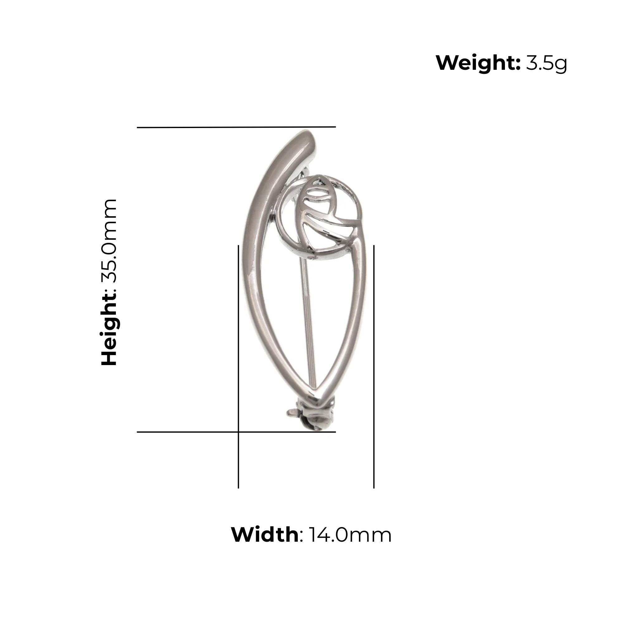 Sterling Silver Charles Rennie Mackintosh Stem Brooch, teardrop rose design, product dimensions shown, width 14mm, height 35mm, weight 3.5g