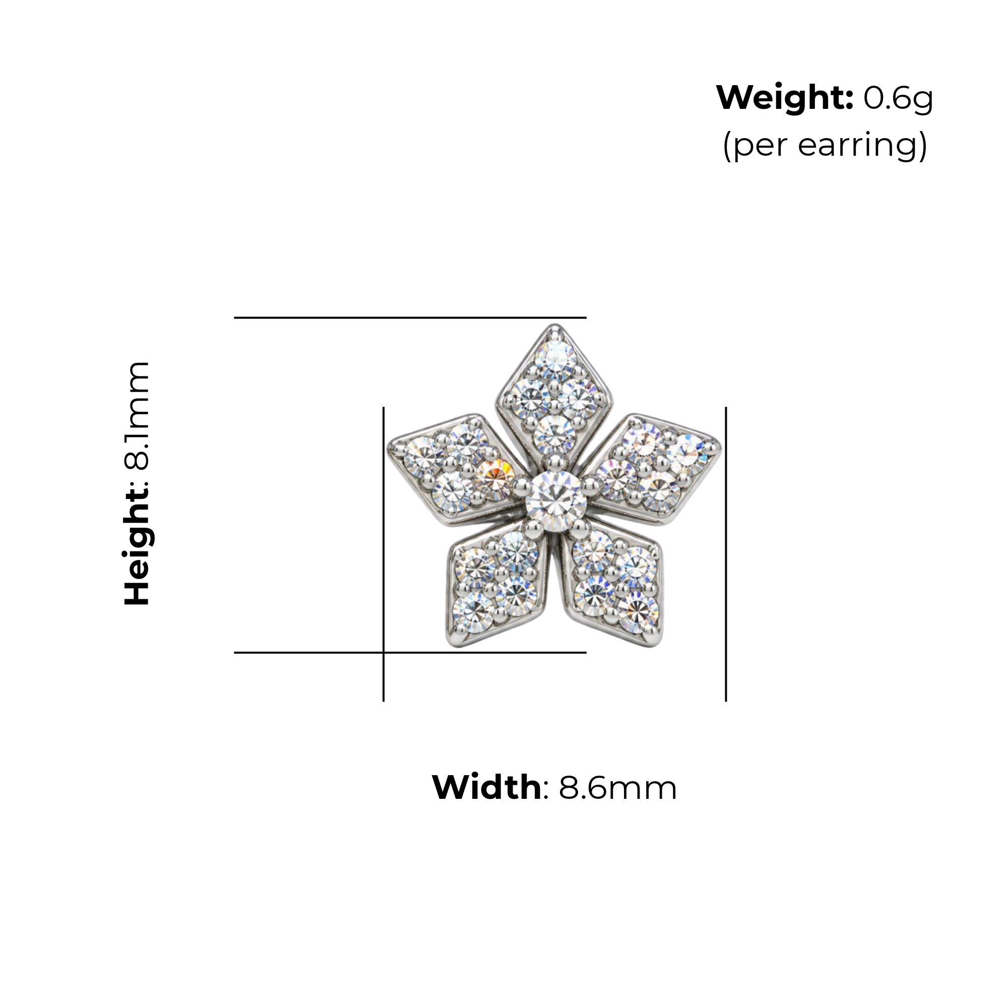Sterling Silver Flower Stud Earrings, Pave-Set CZ, product dimensions shown, width 8.6mm, height 8.1mm, weight 0.6g per earring.