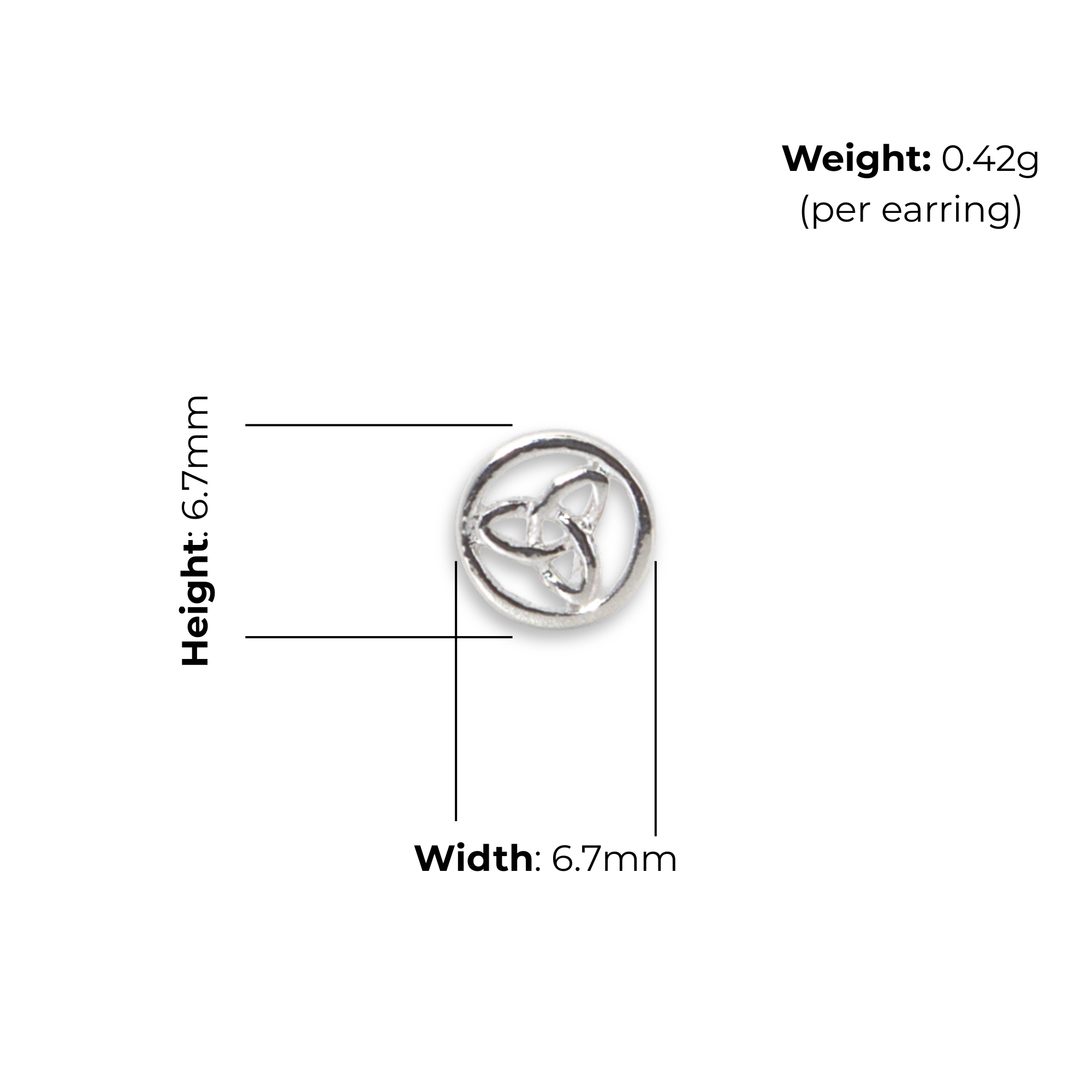 Sterling Silver Celtic Trinity Knot Stud Earrings, triquetra within circular border, high mirror polish, push back fitting, product dimensions shown, with 6.7mm, height 6.7mm, weight 0.42g per earring