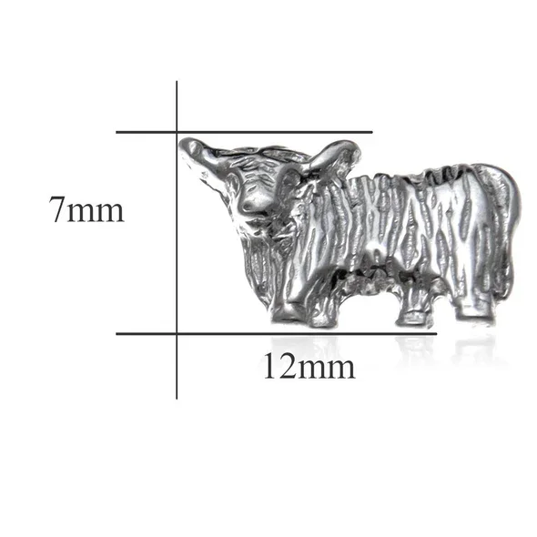 Sterling Silver Scottish Highland Cow Stud Earrings, sculpted form, engraved coat detail, 12mm x 7mm, push back fitting, product dimensions shown, width 12mm by height 7mm