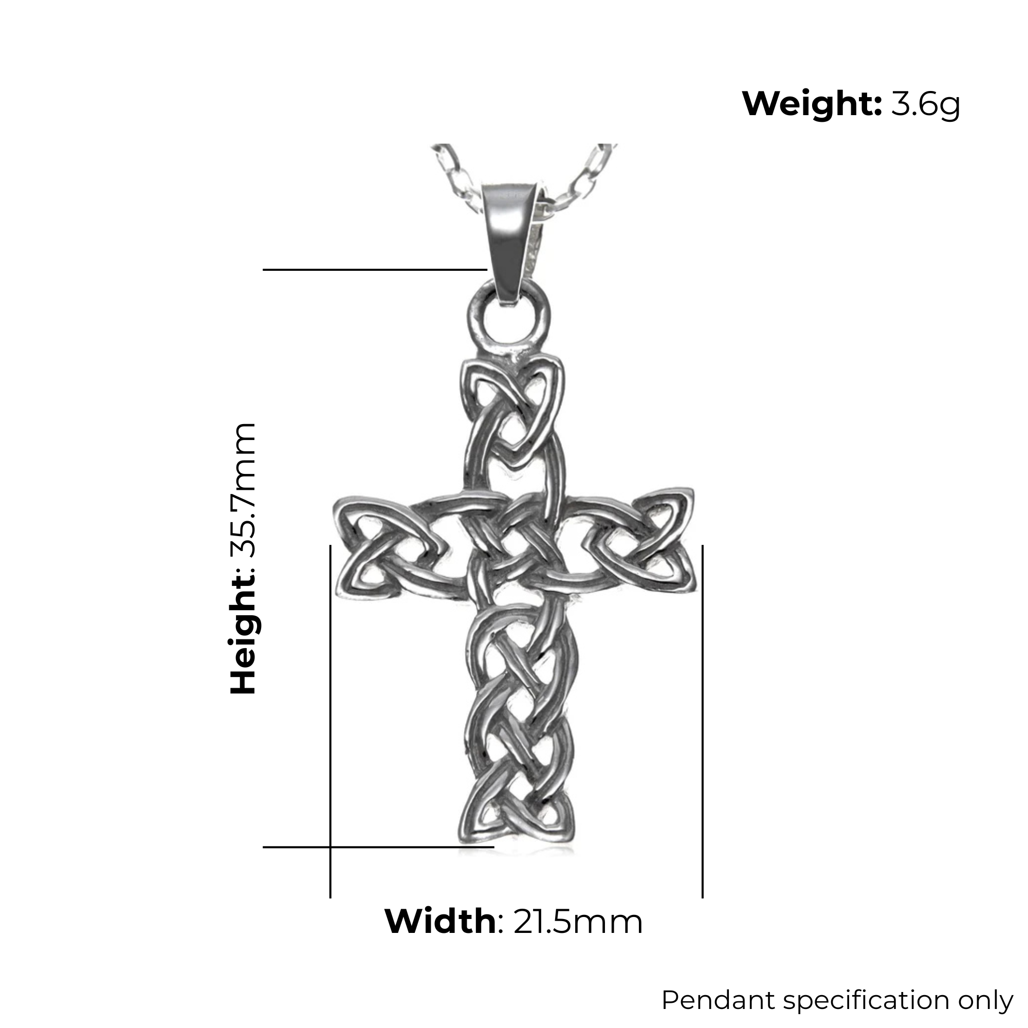Large Sterling Silver Celtic cross pendant with open plaitwork knotwork, product dimensions shown, height 35.7mm, width 21.5mm, weight 3.6g, pendant specification only