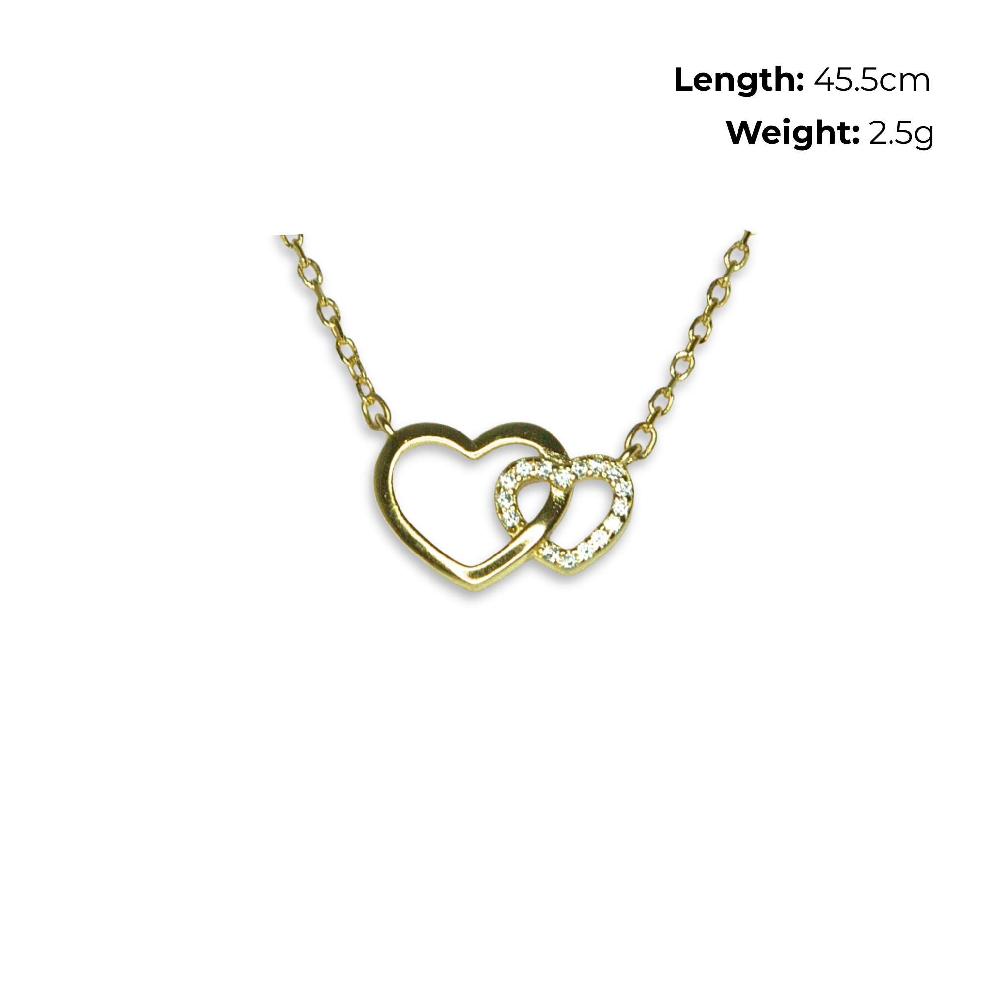 Sterling Silver Interlocking Hearts Necklet, Gold Plated, CZ Detail, product dimensions shown, length 45.5cm, weight 2.5g.