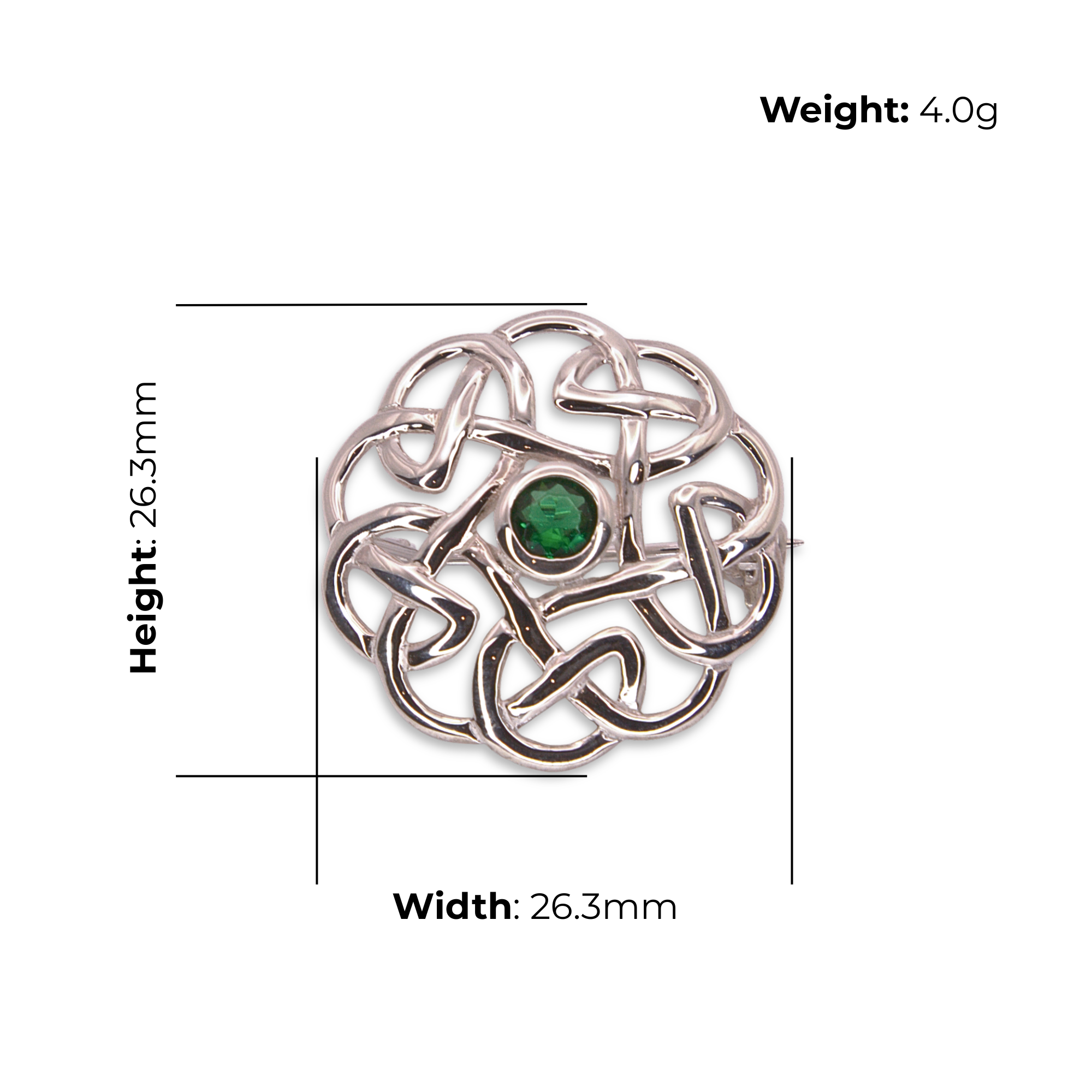 Sterling Silver Celtic Knotwork Brooch with green stone, bezel set, product dimensions shown, width 26.3mm, height 26.3mm, weight 4.0g