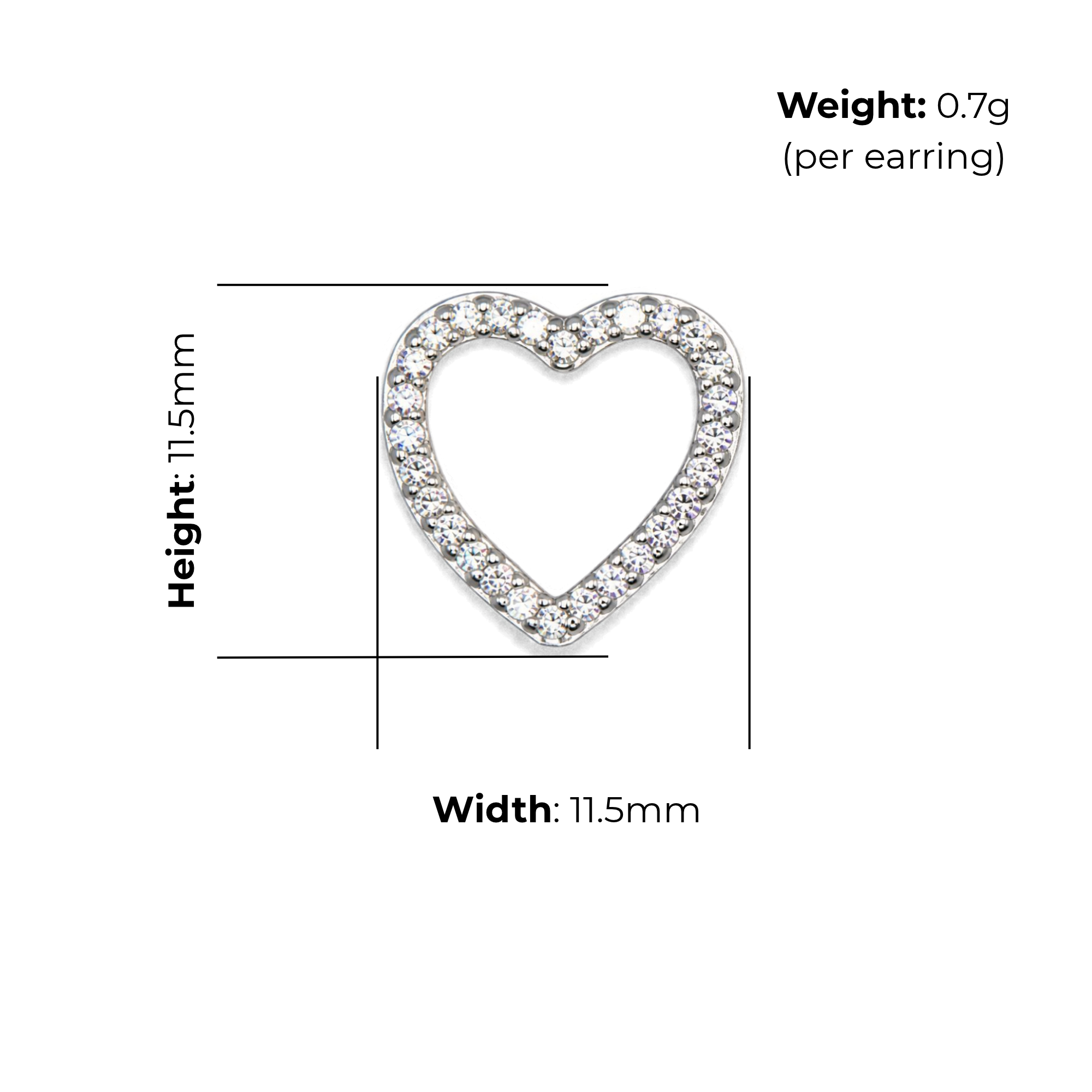Sterling Silver Open Heart Stud Earrings, Pave-Set CZ, product dimensions shown, width 11.5mm, height 11.5mm, weight 0.7g per earring.