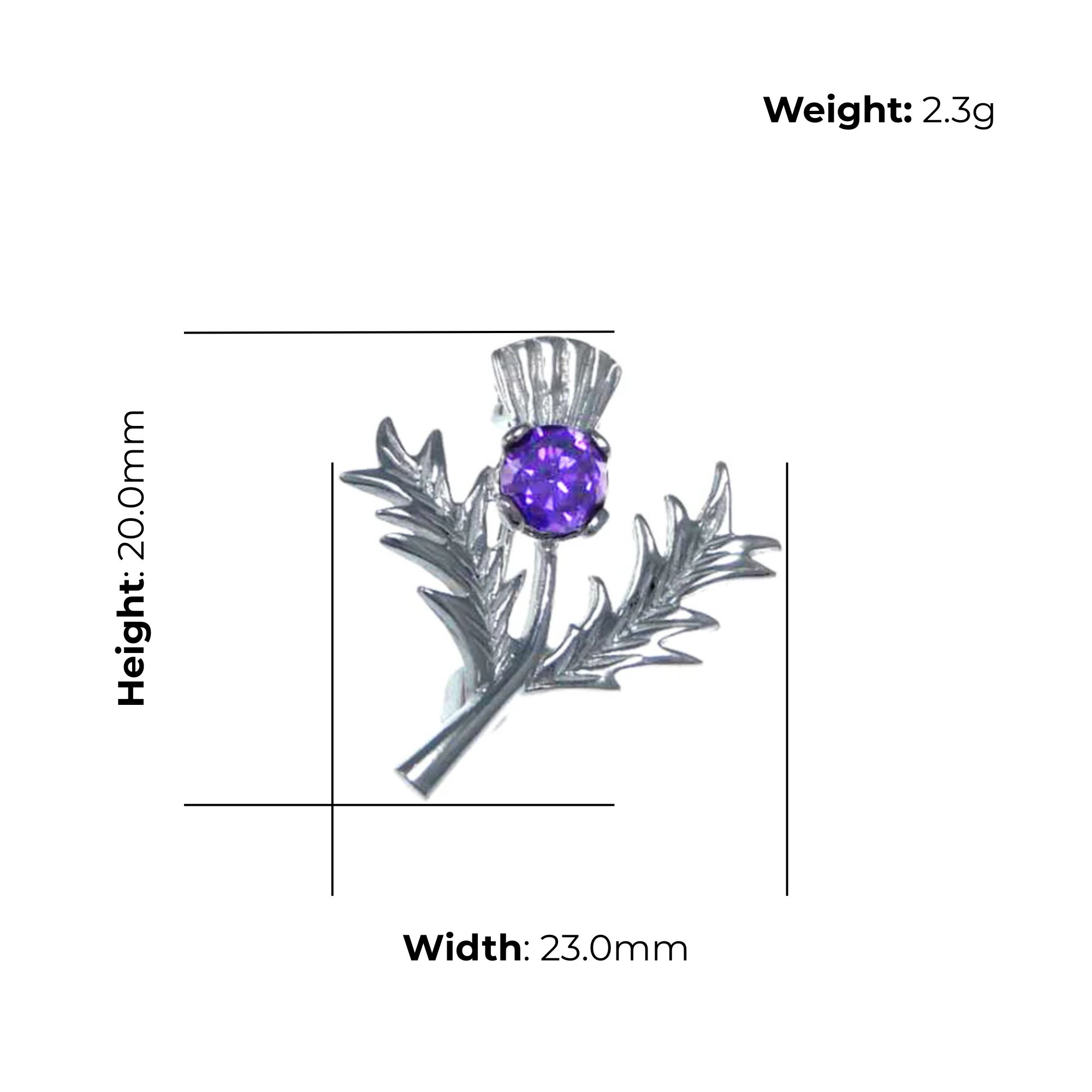 Sterling Silver Thistle Brooch, single stem with amethyst, product dimensions shown, width 23mm, height 20mm, weight 2.3g