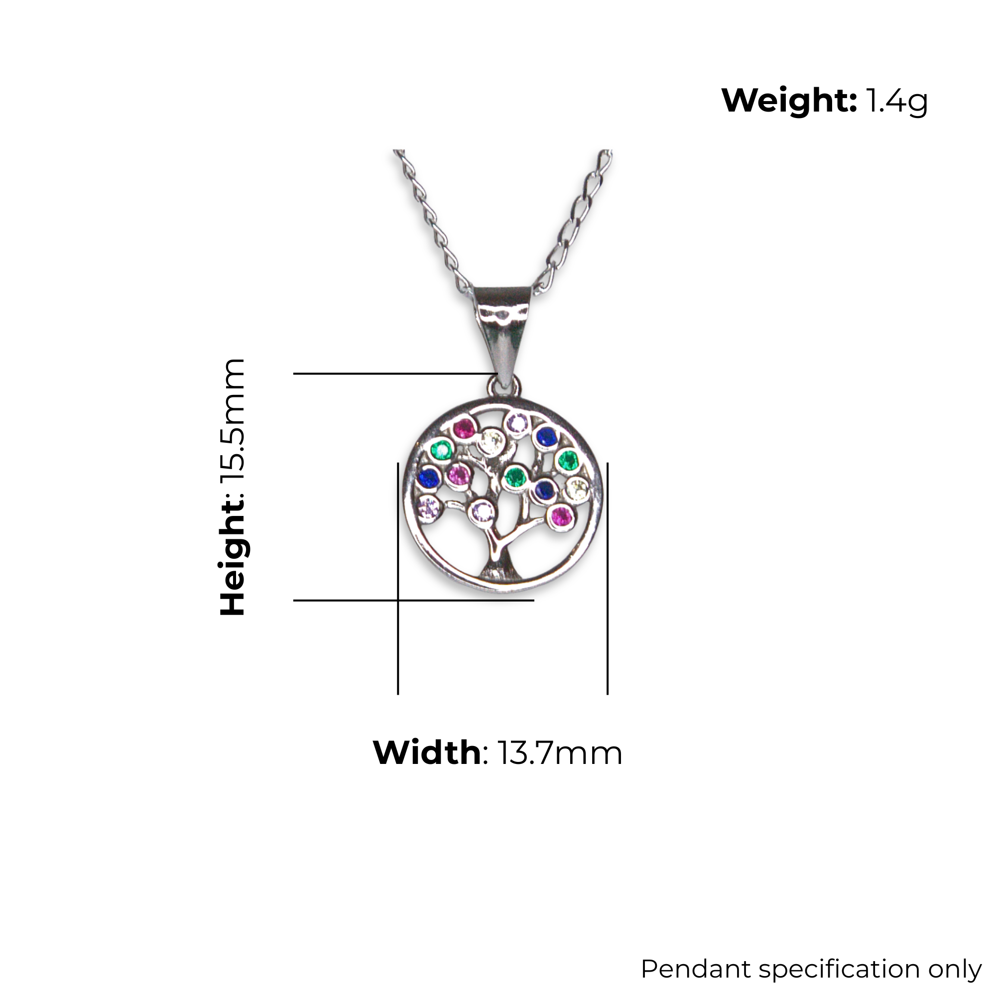 Sterling Silver Tree of Life Pendant, Multi-Colour CZ Detail, product dimensions shown, width 13.7mm, height 15.5mm, weight 1.4g, pendant specification only.