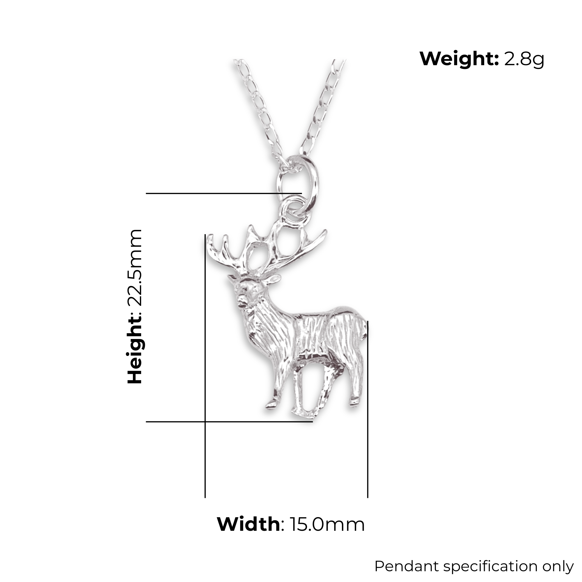 Sterling Silver Scottish Stag Pendant, 3D figural design, product dimensions shown, width 15mm, height 22.5mm, weight 2.8g