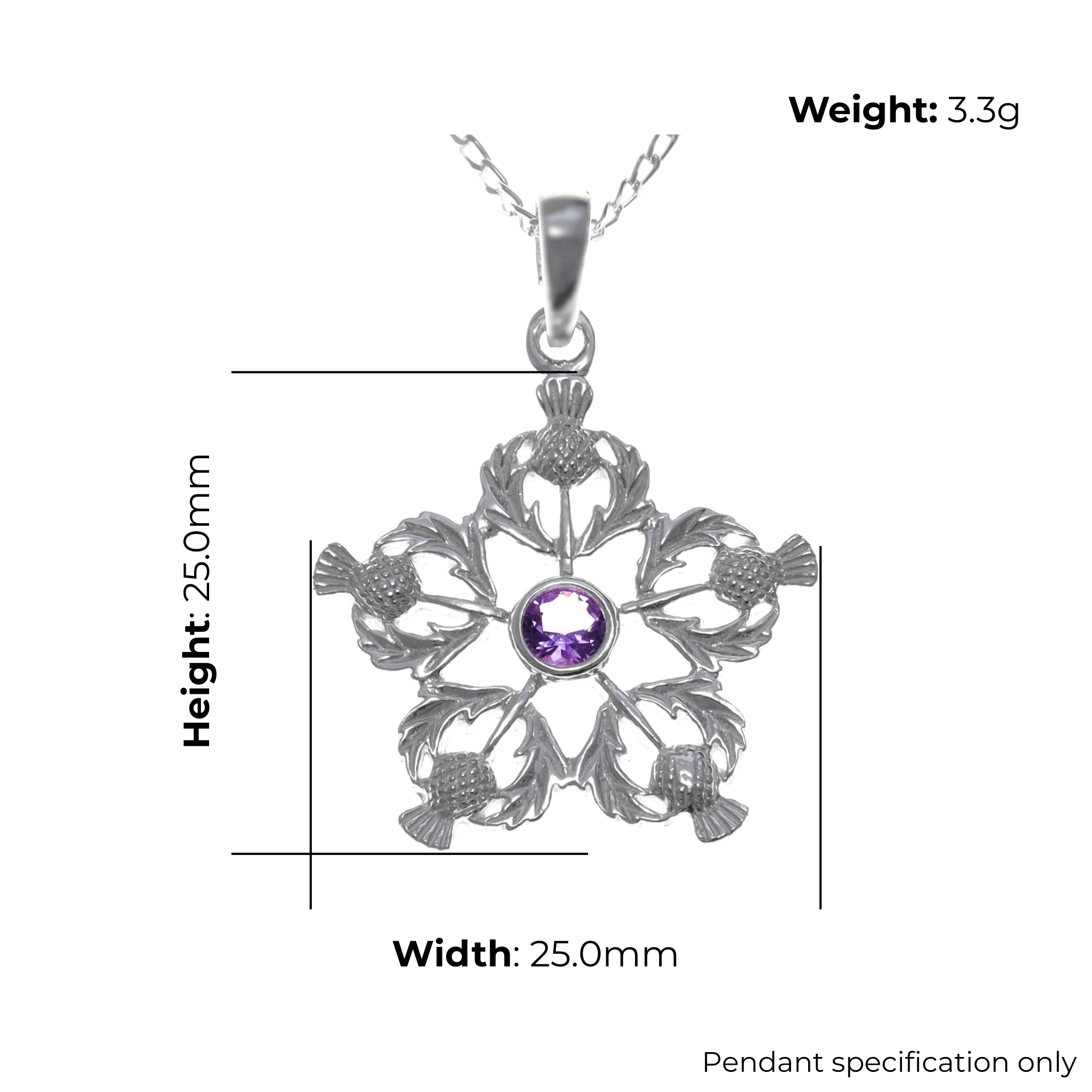 Sterling Silver Five-Point Thistle Wreath Pendant, product dimensions shown, width 25mm, height 25mm, weight 3.3g, pendant specification only
