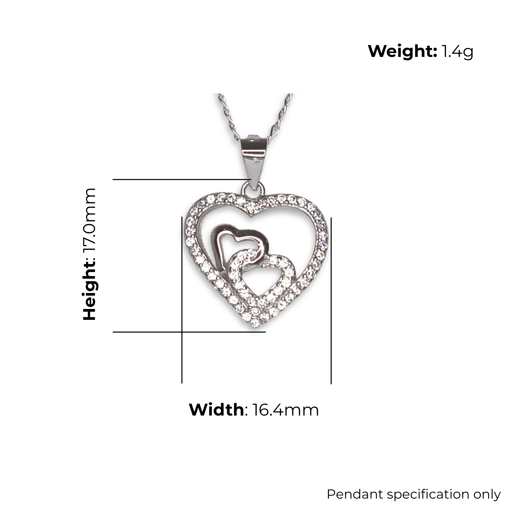 Sterling Silver Triple Heart Pendant with CZ, product dimensions shown, width 16.4mm, height 17mm, weight 1.4, pendant specification only