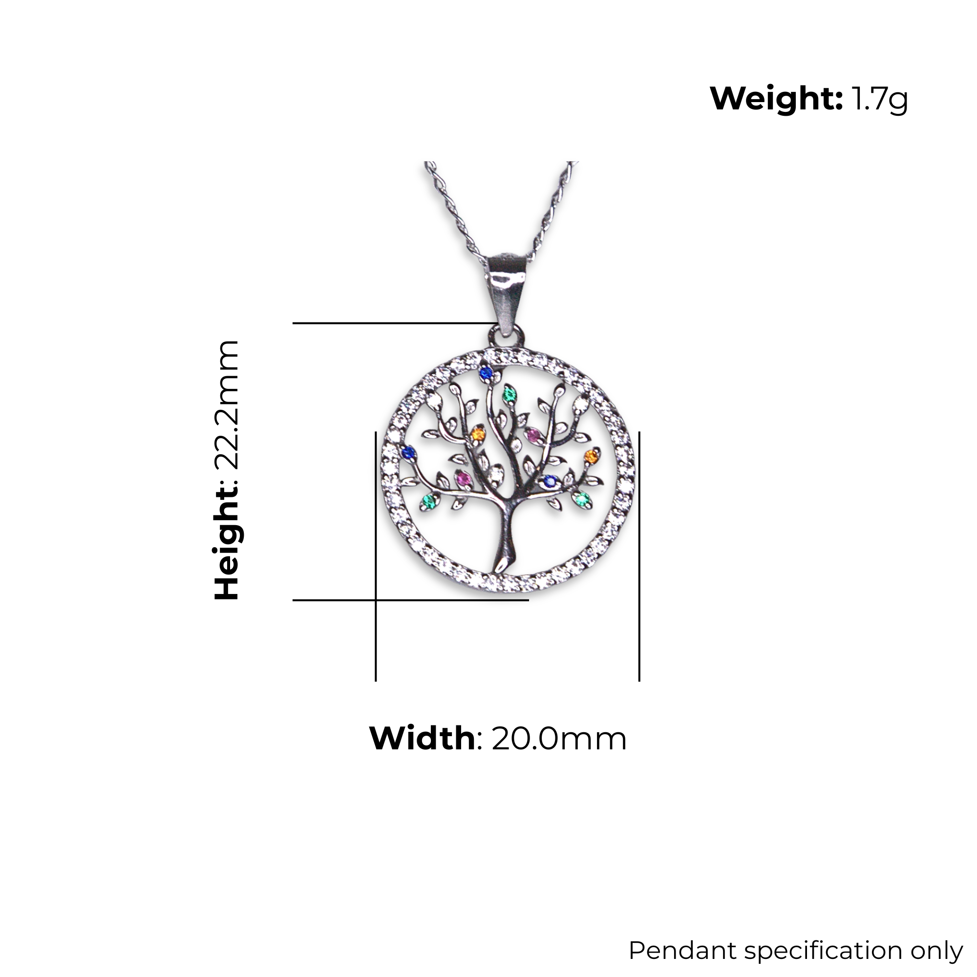 Sterling Silver Tree of Life Pendant, Multi-Colour CZ Detail with Border, product dimensions shown, width 20.0mm, height 22.2mm, weight 1.7g, pendant specification only.