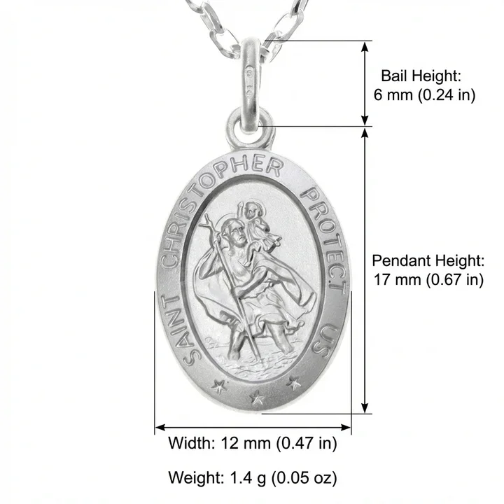 Sterling Silver oval St Christopher pendant. Embossed figural scene, product dimensions shown, 17mm height by 12mm width, 6mm bail and jump ring height, weight 1.4g