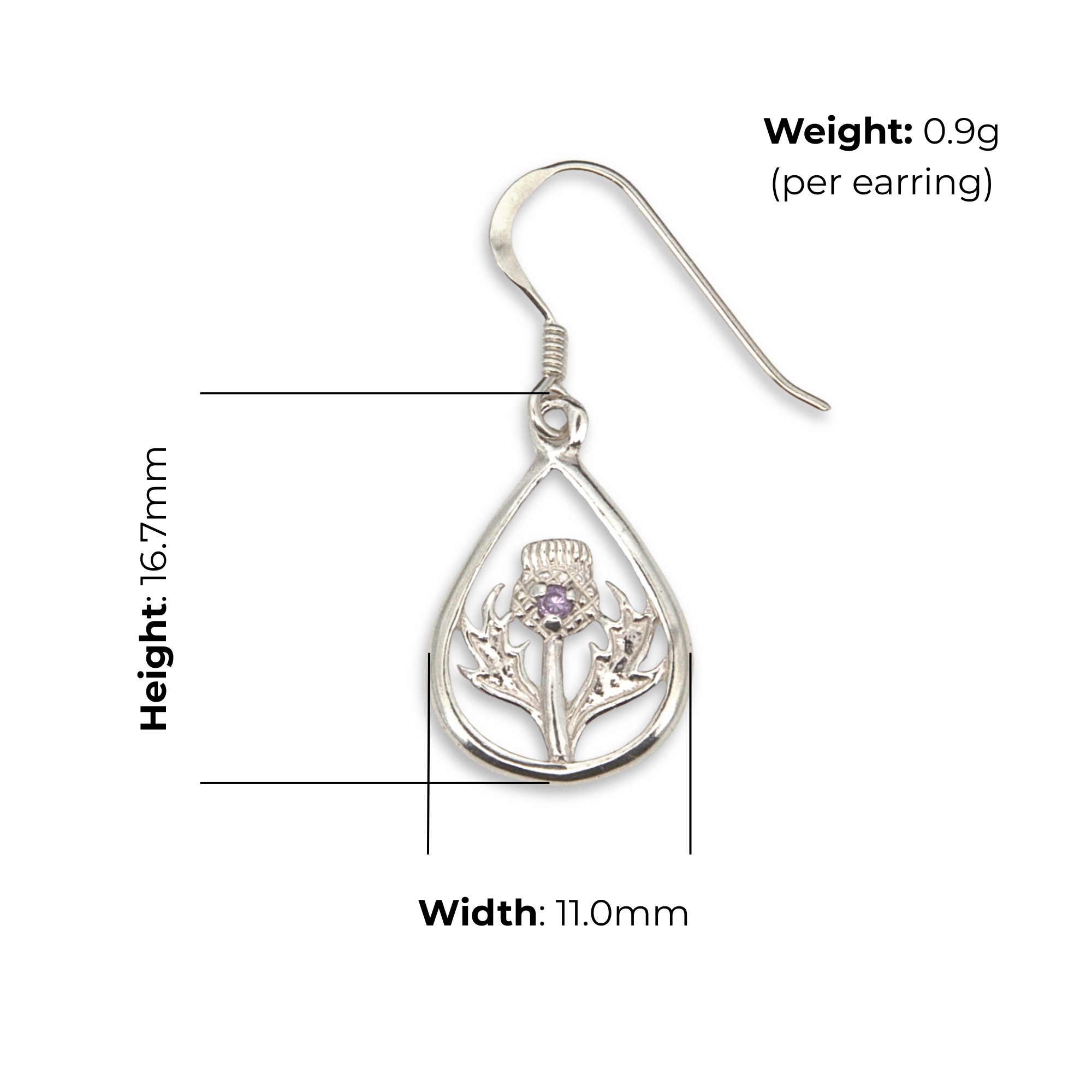 Sterling Silver Scottish Thistle Drop Earrings, purple stone, teardrop frame, product specification shown, width 11mm, height 16.7mm, weight 0.9g per earring