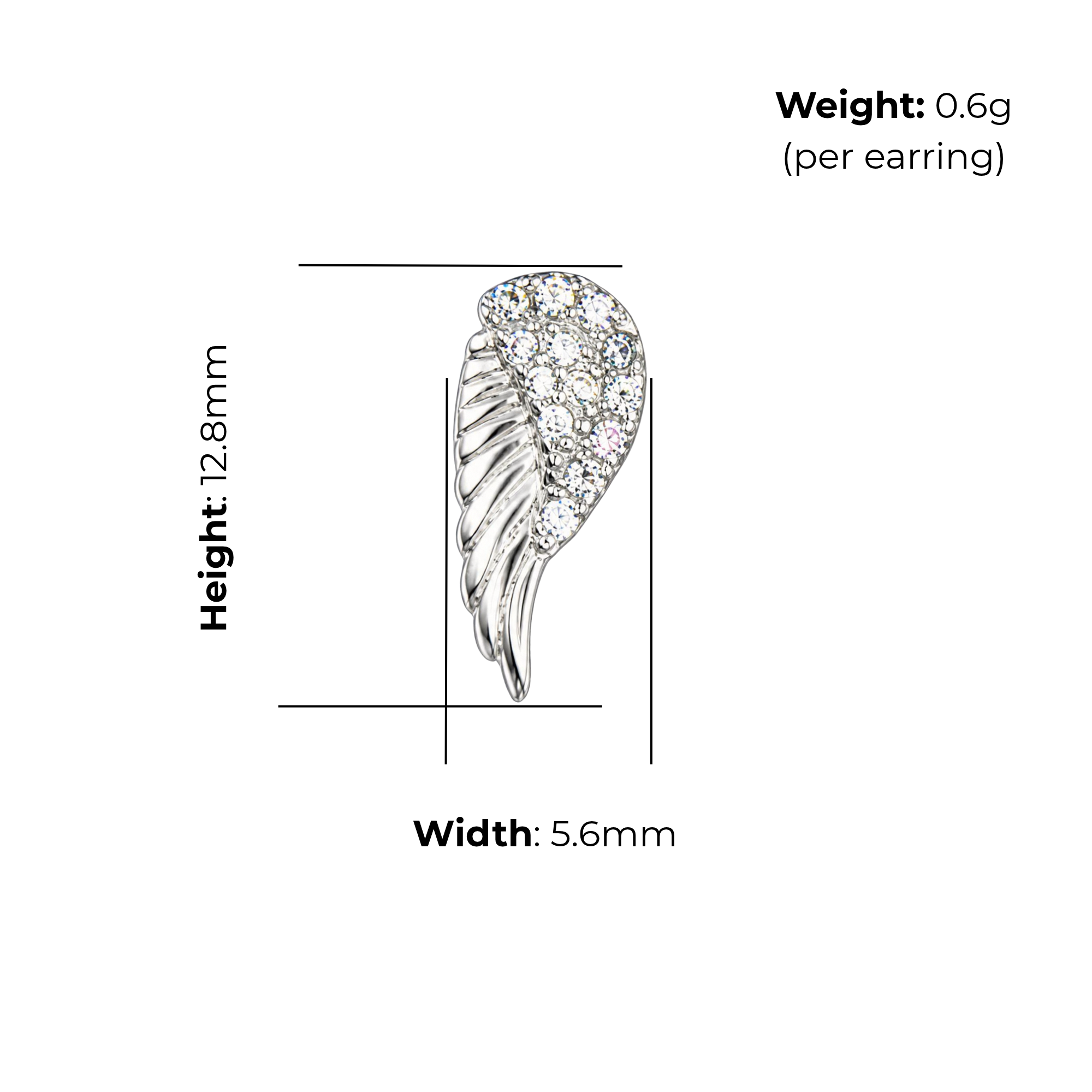 Sterling Silver Angel Wing Stud Earrings, Pave-Set CZ Detail, product dimensions shown, width 5.6mm, height 12.8mm, weight 0.6g per earring.
