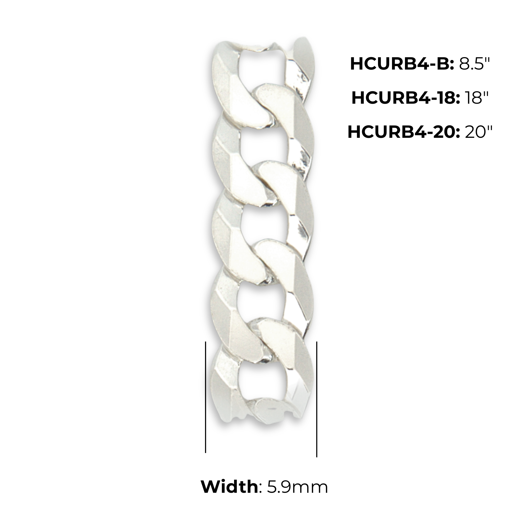 Sterling Silver Curb Chain, high mirror polish, flat interlocking links, trigger clasp, product dimensions shown, link width 5.9mm, 8.5" HCURB4-B, 18" HCURB4-18, 20" HCURB4-20