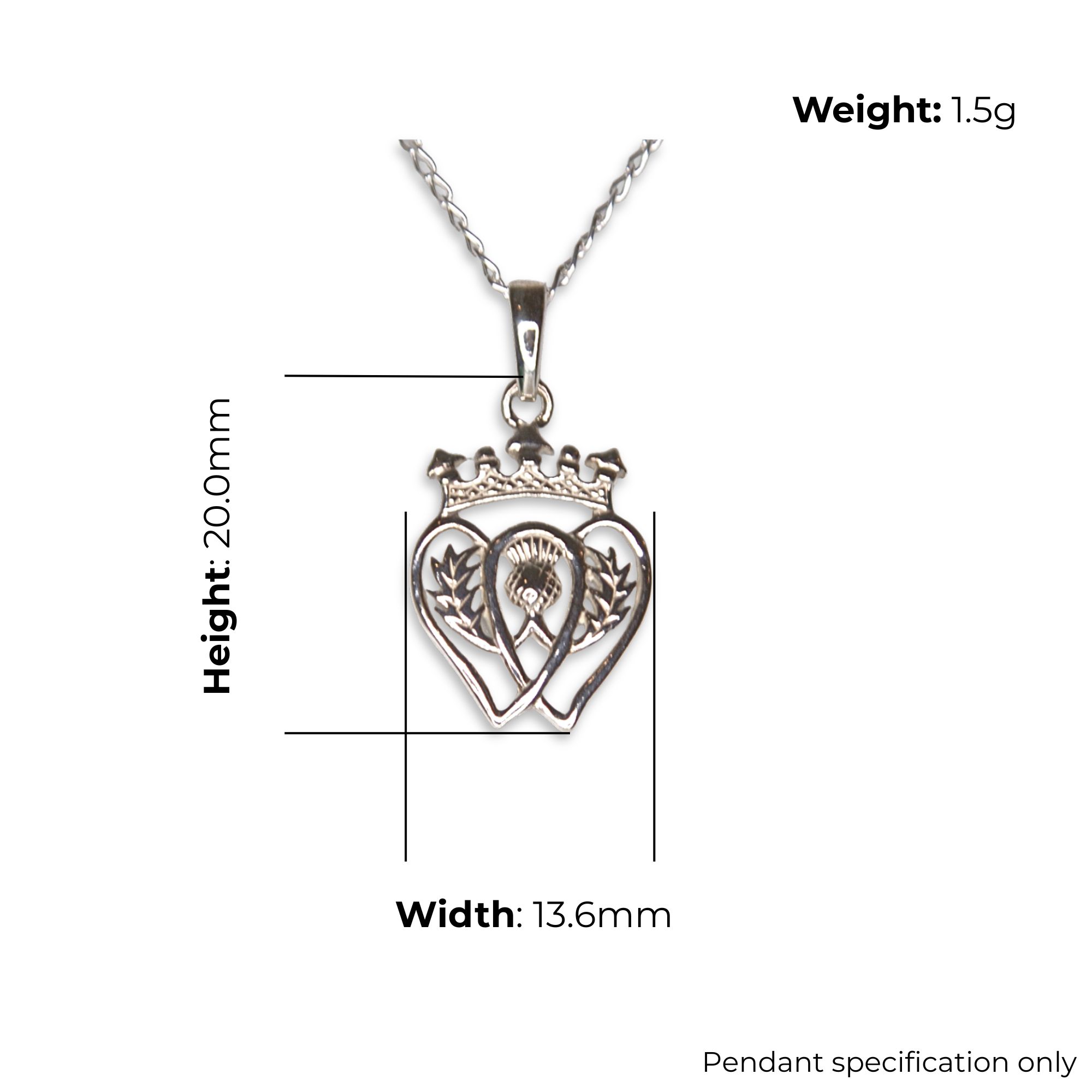 Sterling Silver Luckenbooth Pendant, Crowned Heart with Thistle, product dimensions shown, width 13.6mm, height 20mm, weight 1.5g, pendant specification only.