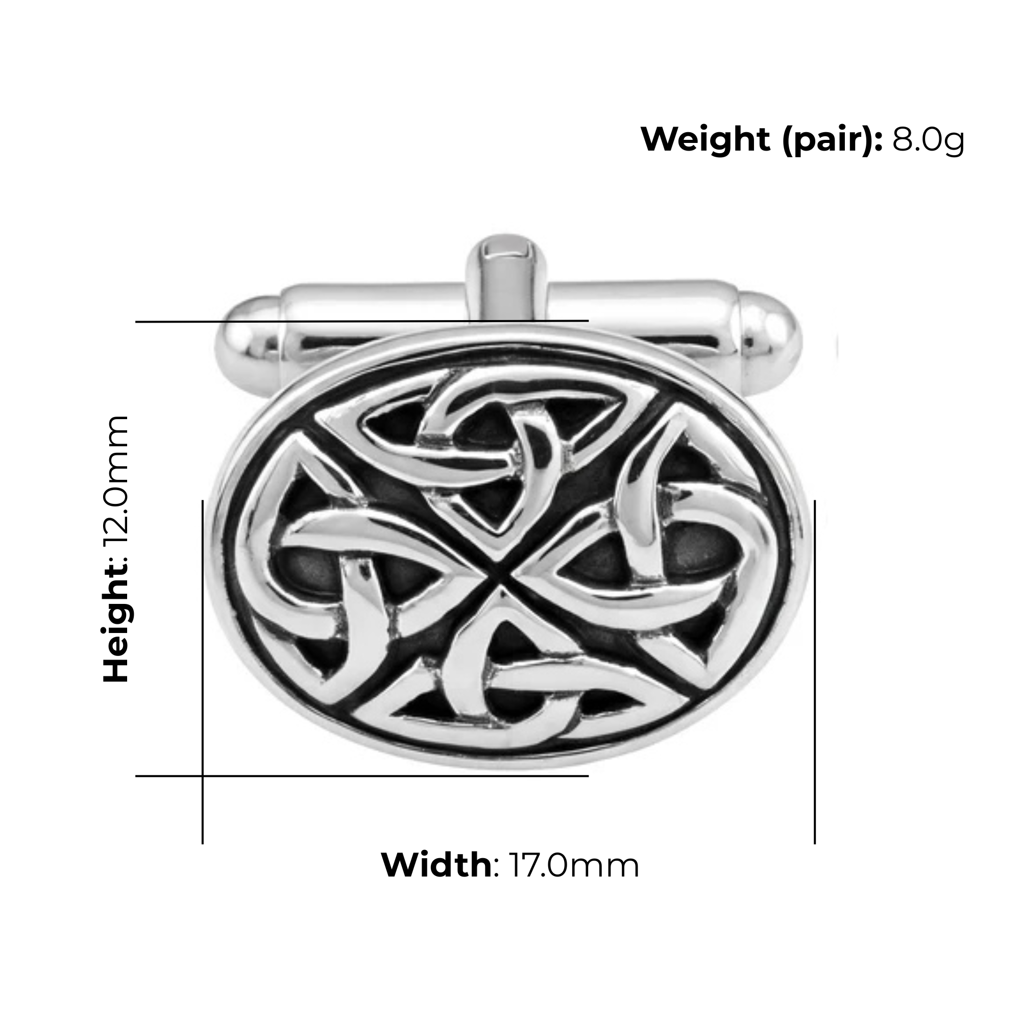 Sterling Silver Celtic Knot Cufflinks, oxidised finish, product dimensions shown, width 17mm, height 12mm, weight (pair) 8g