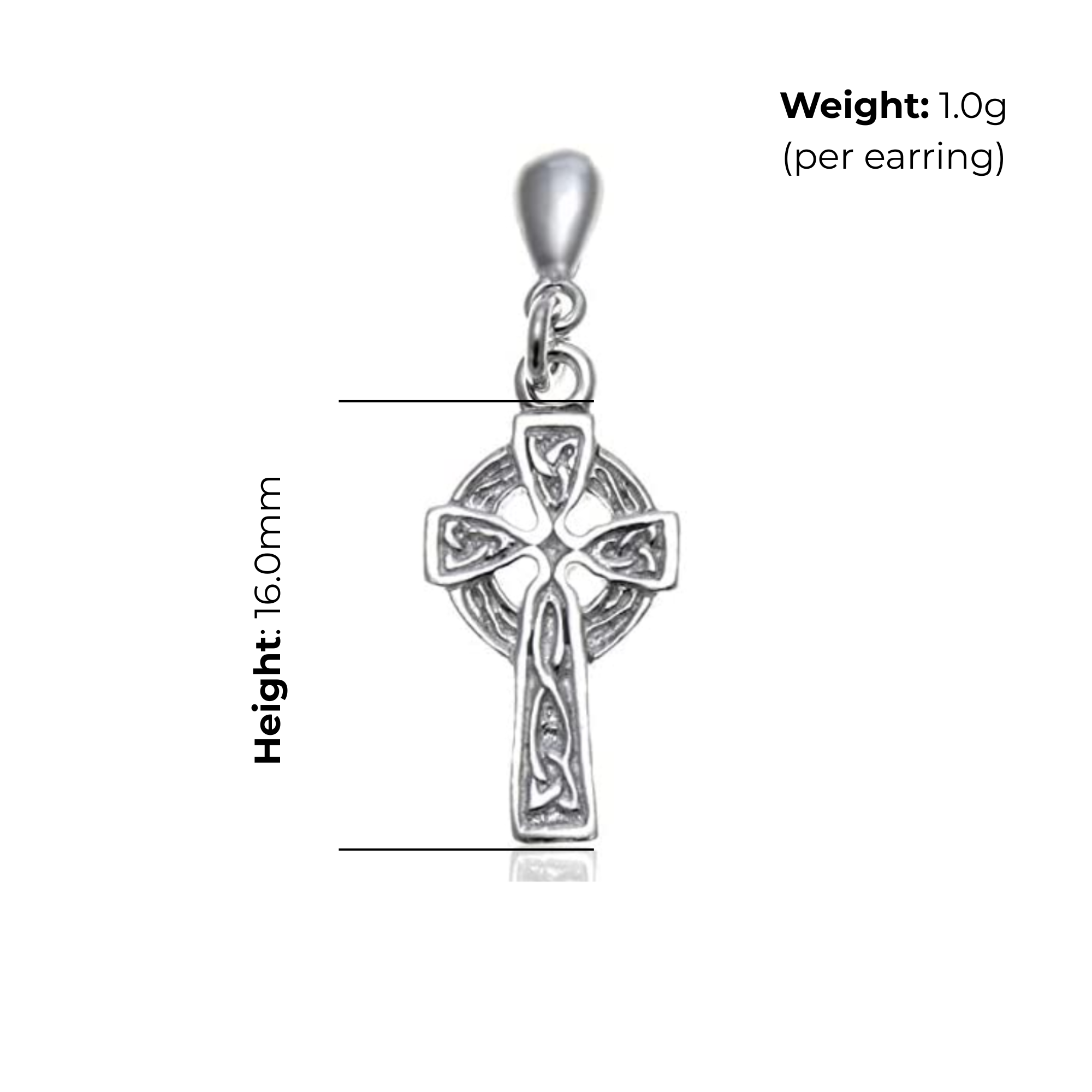 Sterling Silver Celtic Cross Drop Earrings, ringed crosshead, embossed knotwork shaft, oxidised finish, push back fitting, product dimensions shown, height 16mm, weight 1g per earring