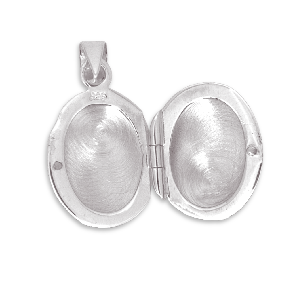 Sterling Silver Oval Locket, hand engraved design, internal photo pockets shown