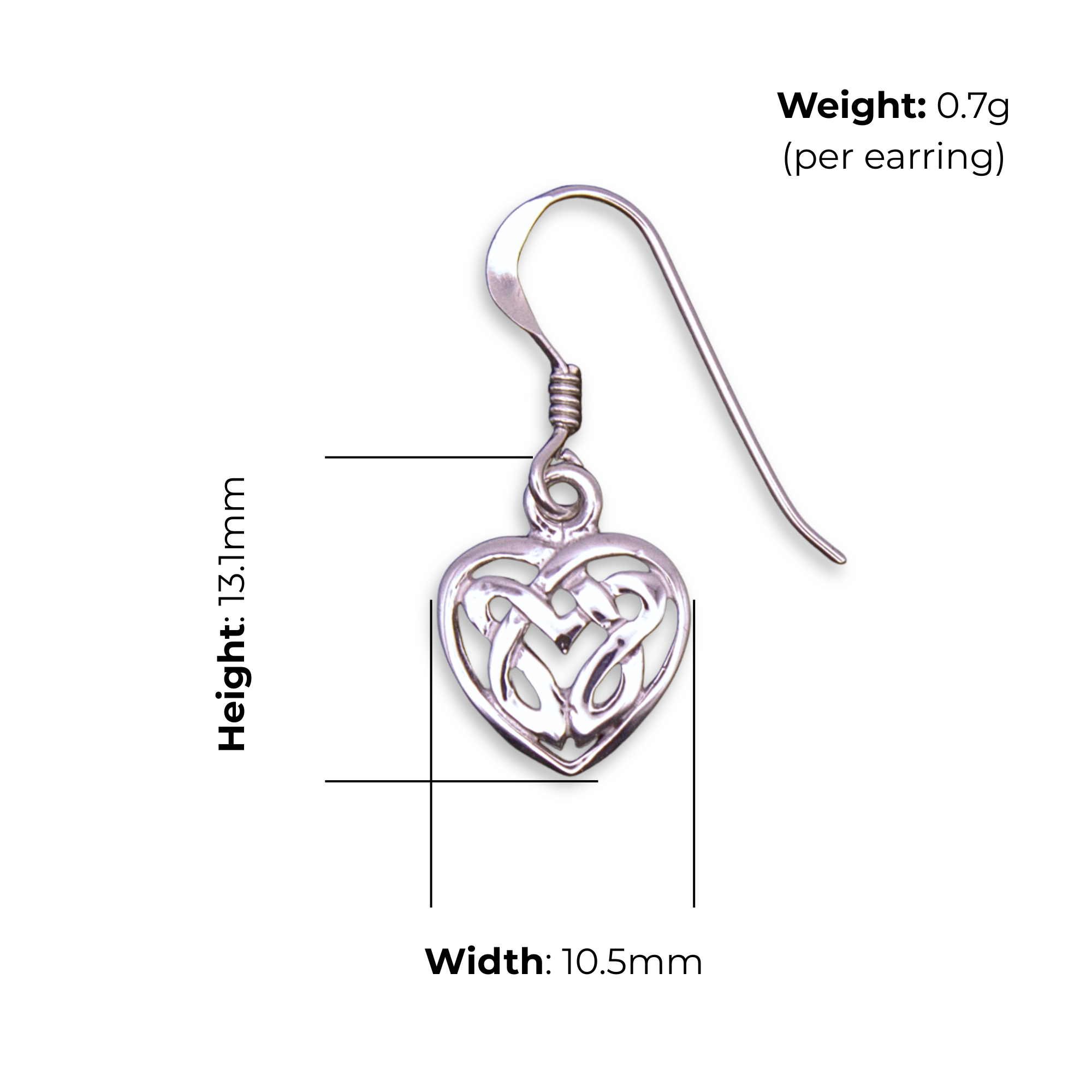 Sterling Silver Celtic Knot Heart Drop Earrings, product dimensions shown, width 10.5mm, height 13.1mm, weight 0.7g per earring