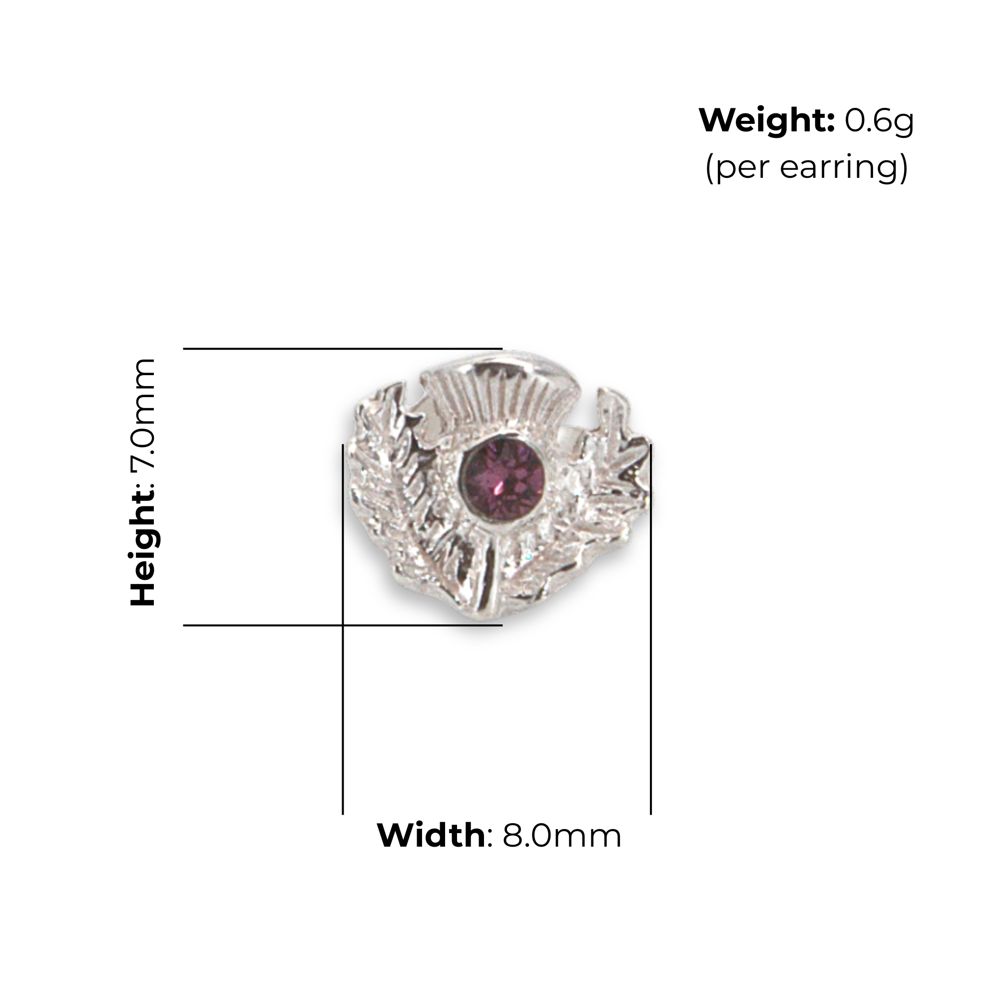 Sterling Silver Scottish Thistle Stud Earrings, purple stone, compact design, product specification shown, width 8mm, height 7mm, weight 0.6g per earring