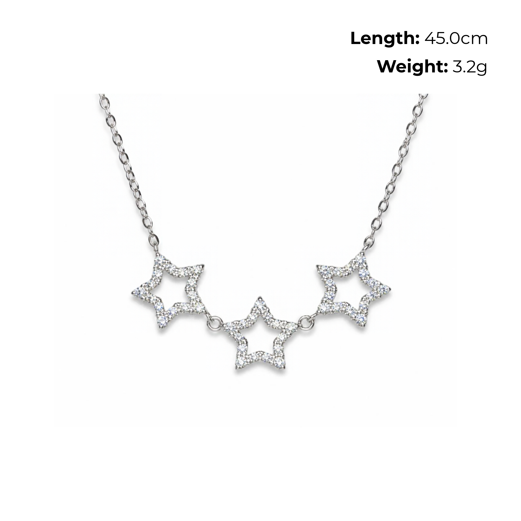 Sterling Silver Triple Star Necklet with CZ, product dimensions shown, length 45cm, weight 3.2g