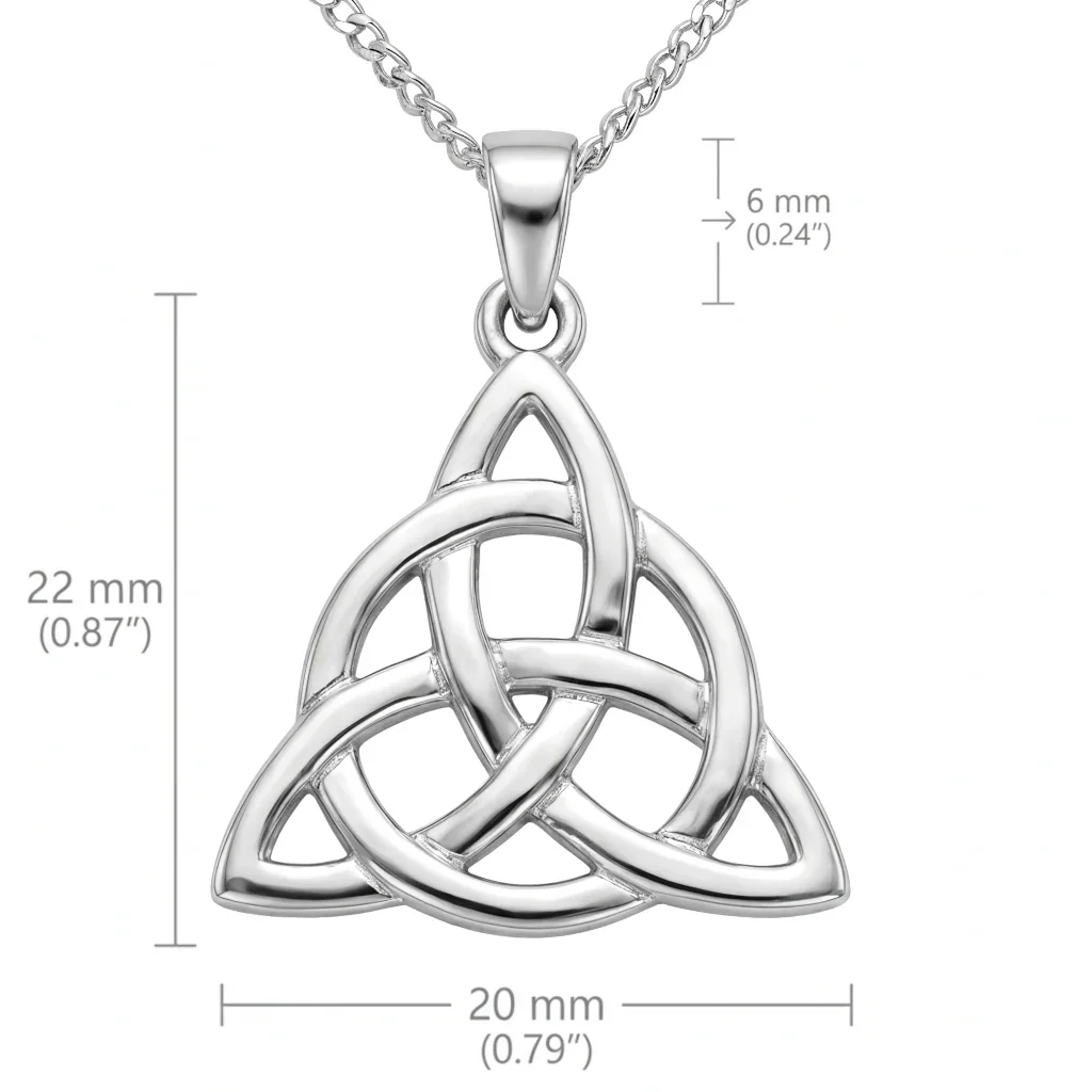 Sterling Silver Celtic Trinity Knot Pendant, triquetra design, high mirror polish, product dimensions shown, width 20mm by height 22mm, bail height 6mm
