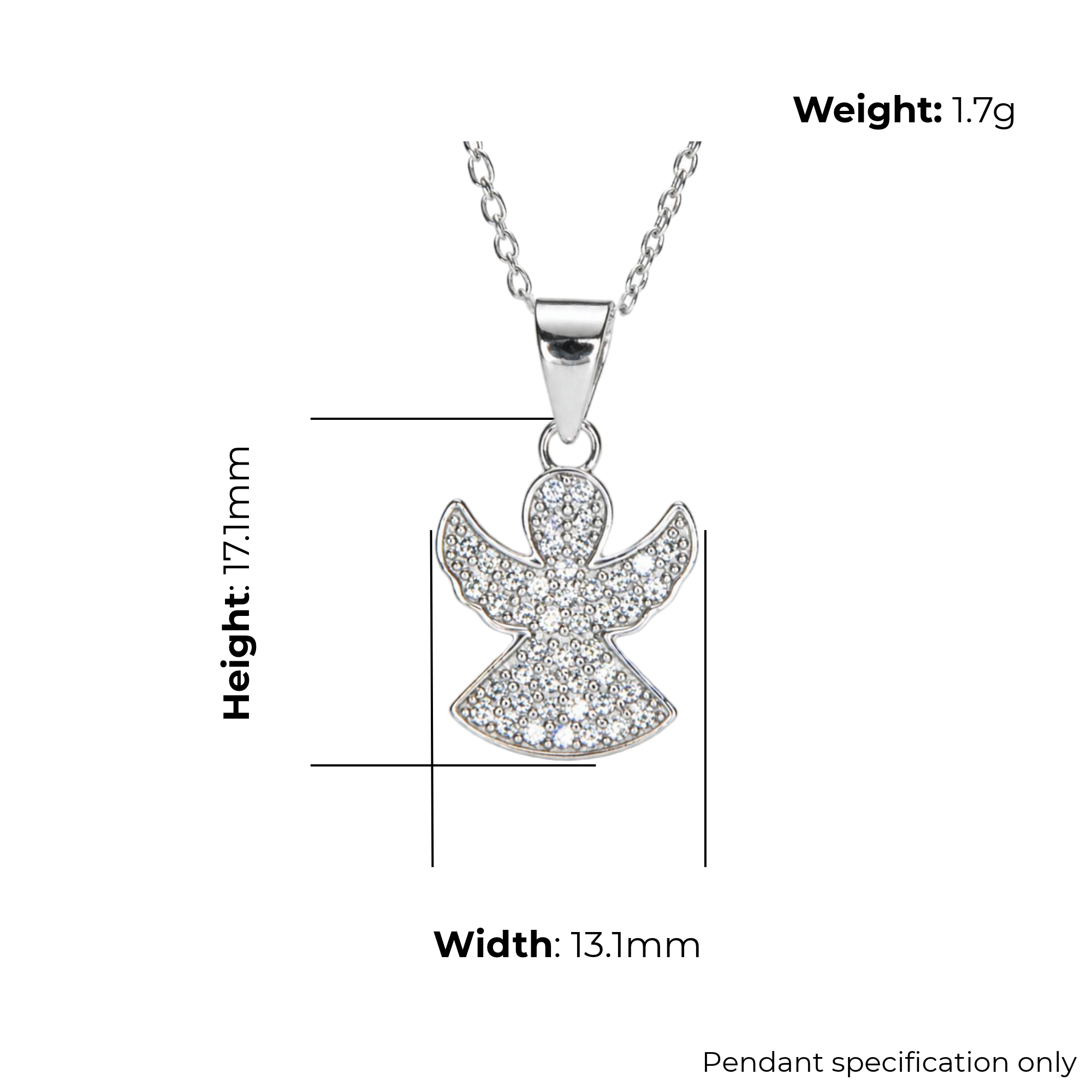 Sterling Silver Angel Pendant, Pave-Set CZ, product dimensions shown, width 13.1mm, height 17.1mm, weight 1.7g, pendant specification only.