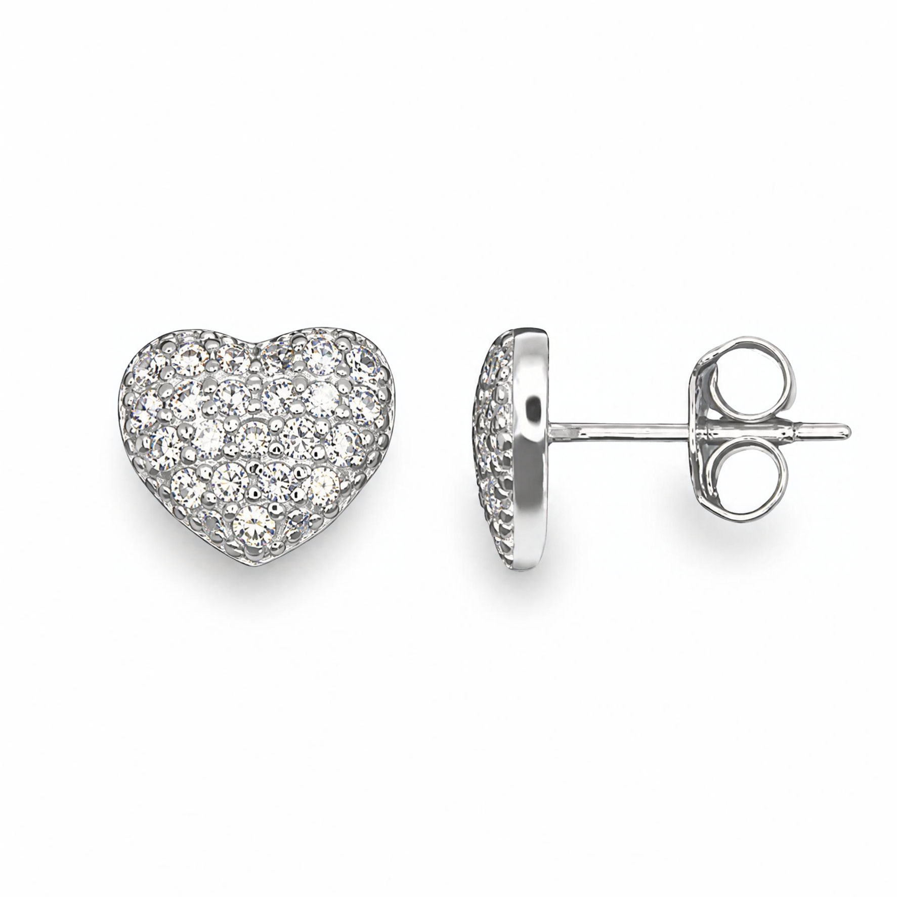 Sterling Silver Heart Stud Earrings, Pave-Set CZ