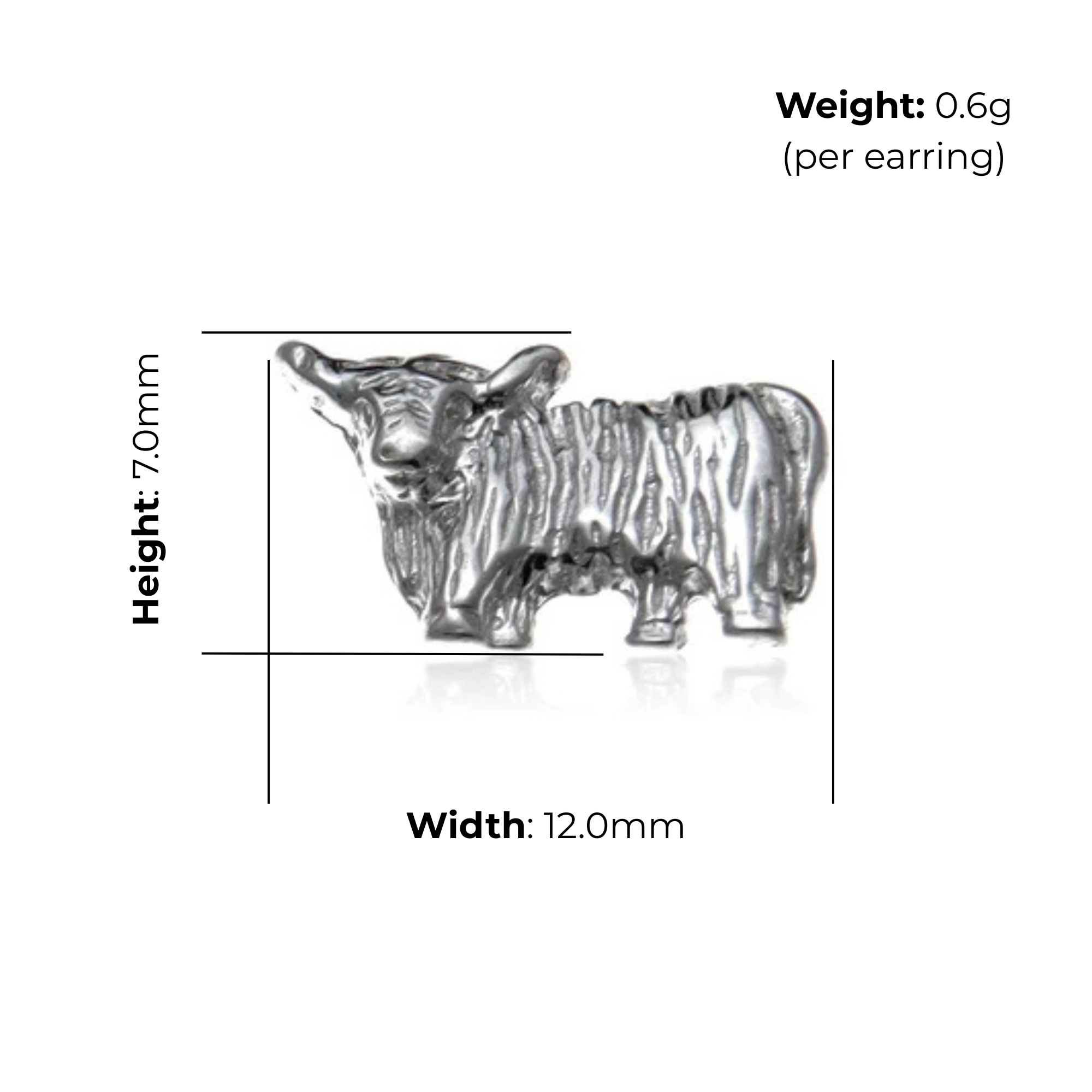 Sterling Silver Highland Cow Stud Earrings, engraved coat detail, product dimensions shown, width 12mm, height 7mm, weight 0.6g per earring