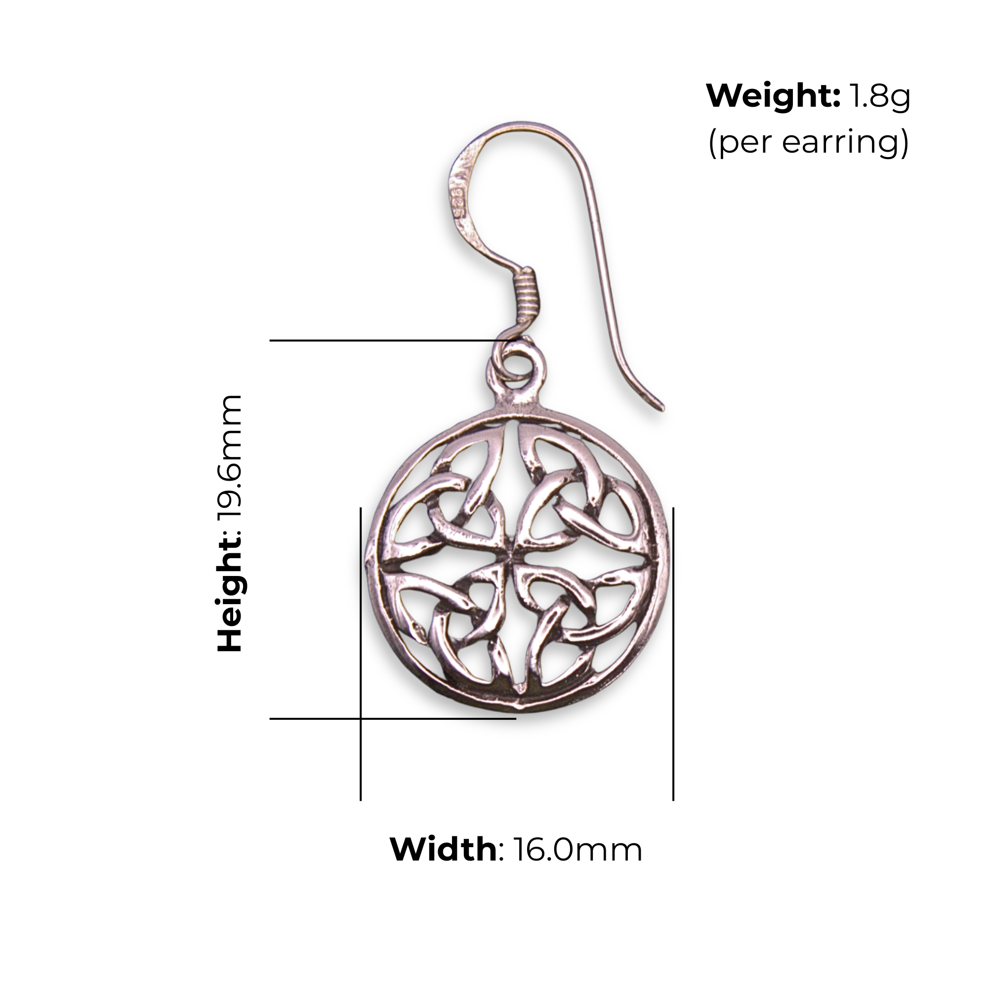 Sterling Silver Celtic Knot Circle Earrings, Four-Point Knotwork Medallion, product dimensions shown, width 16mm, height 19.6mm, weight 1.8g per earring.