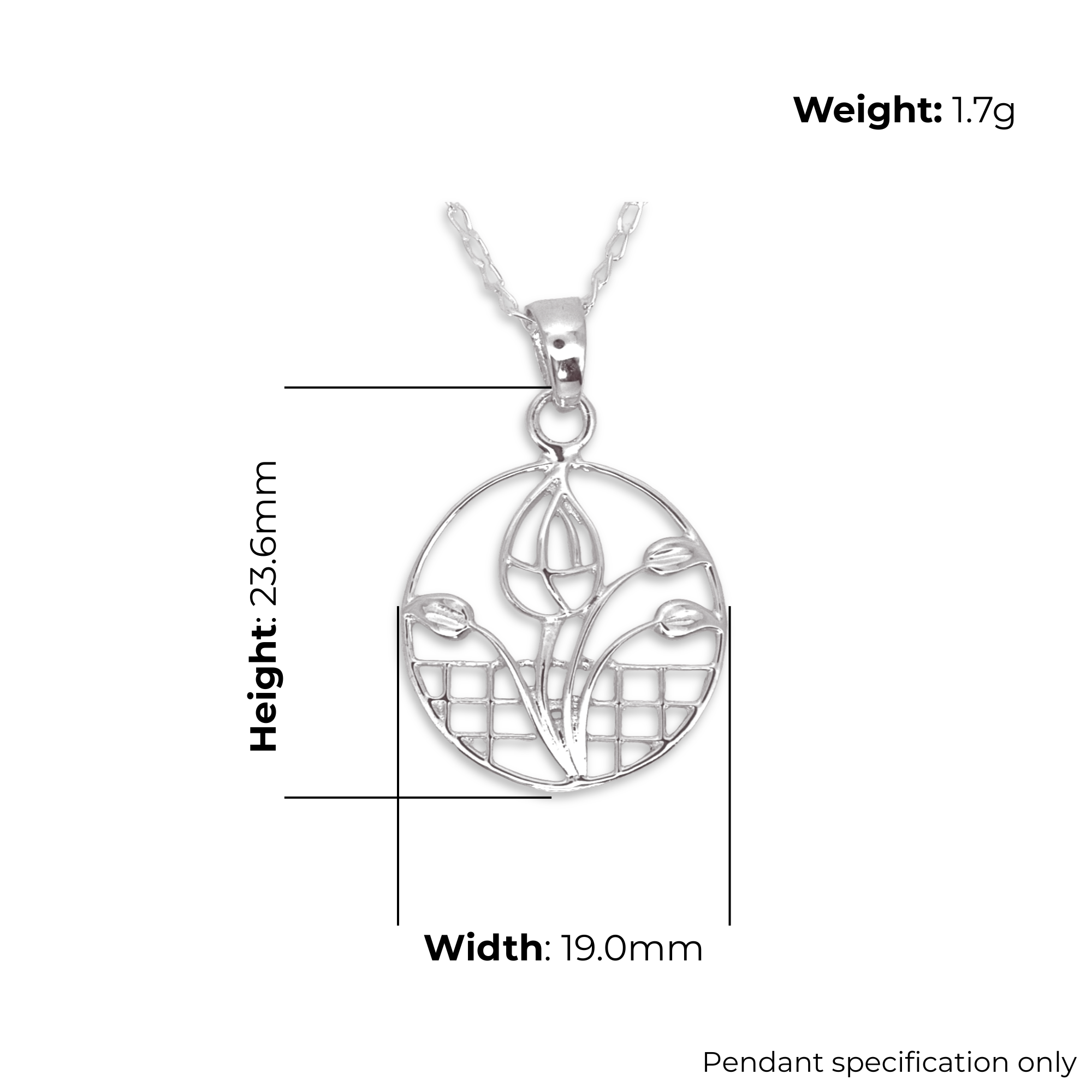 Sterling Silver Charles Rennie Mackintosh Rose Circle Pendant, sculpted rose design, product dimensions shown, width 19mm, height 23.6mm, weight 1.7g, pendant specification only