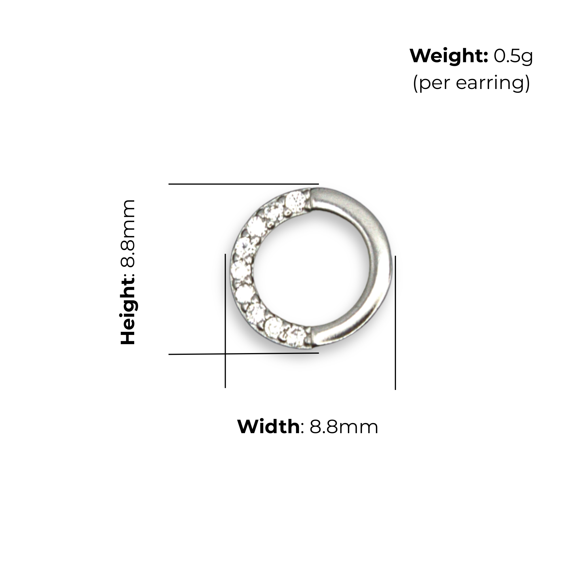 Sterling Silver Open Circle Stud Earrings, Pave-Set CZ, product dimensions shown, width 8.8mm, height 8.8mm, weight 0.5g per earring.