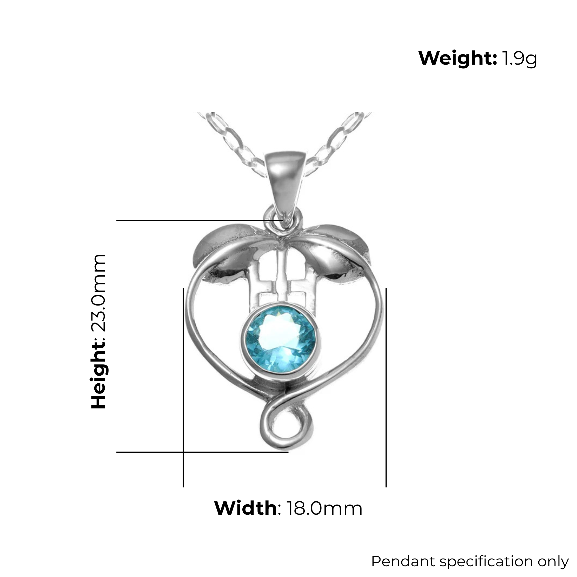 Sterling Silver Charles Rennie Mackintosh Heart Pendant, botanical design, product dimensions shown, width 18mm, height 23mm, weight 1.9g, pendant specification only
