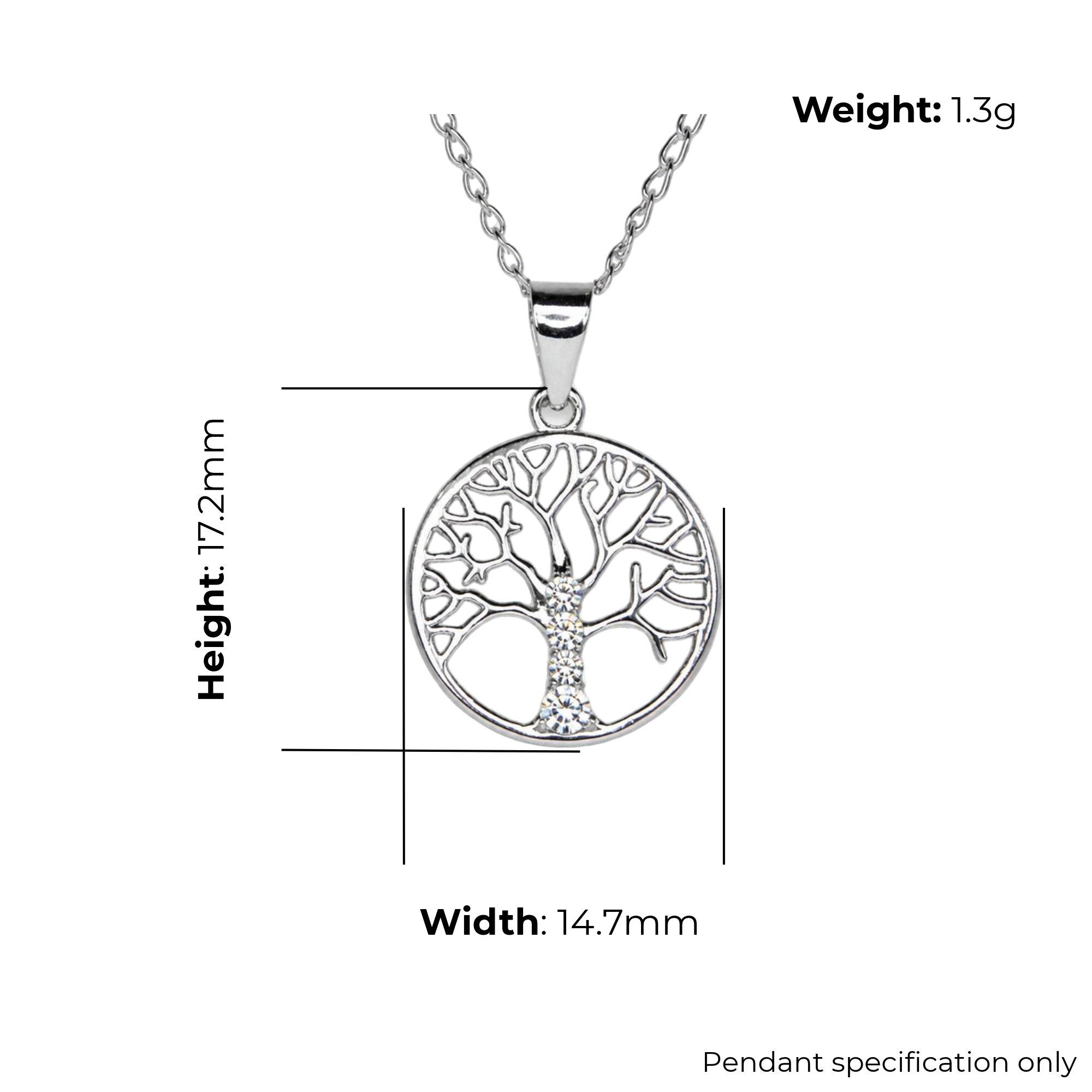 Sterling Silver Tree of Life Pendant, Open Branch Design, product dimensions shown, width 14.7mm, height 17.2mm, weight 1.3g, pendant specification only.