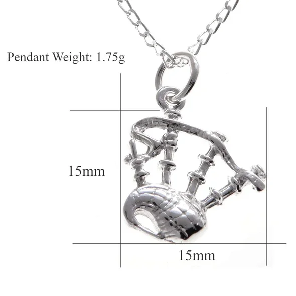 Sterling Silver Scottish Bagpipes Pendant, sculpted three-dimensional form, drone and bag detail, product dimensions shown, width 15mm by height 15mm, weight 1.75g