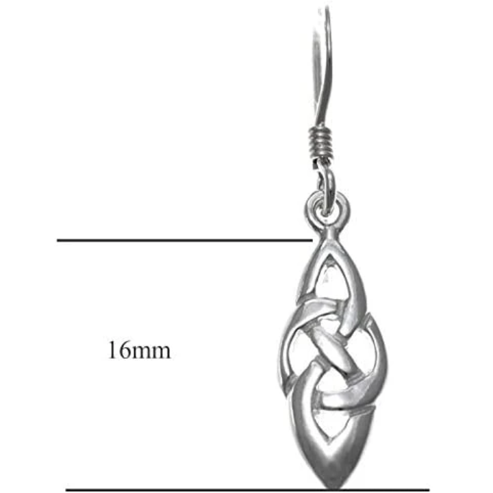 Sterling Silver Celtic Knotwork Navette Drop Earrings, Trinity knot interlace, high mirror polish, fish hook fitting, product dimensions shown, height 16mm.