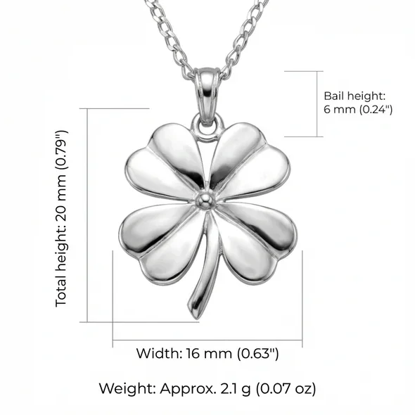 Sterling Silver Four Leaf Clover Pendant, sculpted four-lobe form, high mirror polish, product dimensions shown, width 16mm by height 20mm, bail height 6mm, weight 2.1g