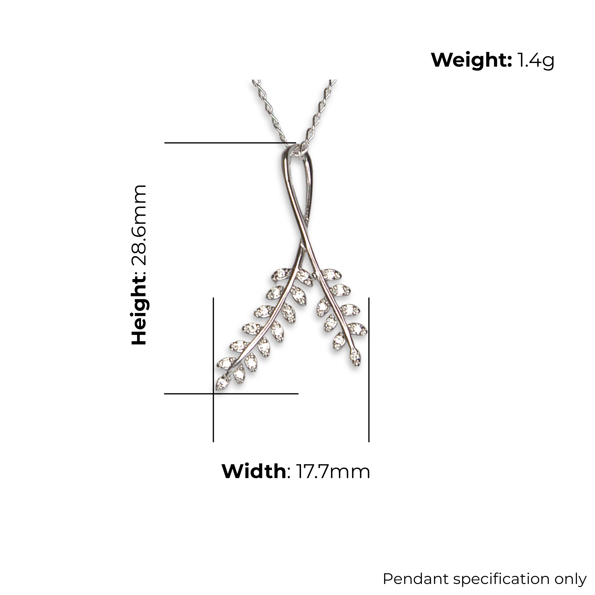 Sterling Silver Crossed Leaf Branch Pendant with CZ, product dimensions shown, width 17.7mm, height 28.6mm, weight 1.4g, pendant specification only